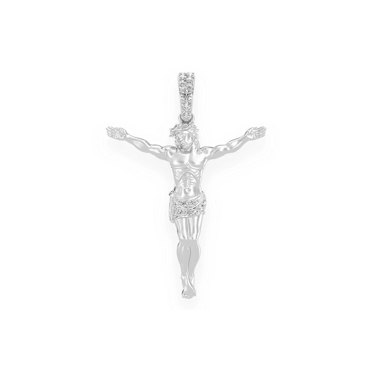 Jesus Crucifix Diamond Pendant in 14K white gold, Signature | 0.10ctw | Half-Diamond, front view