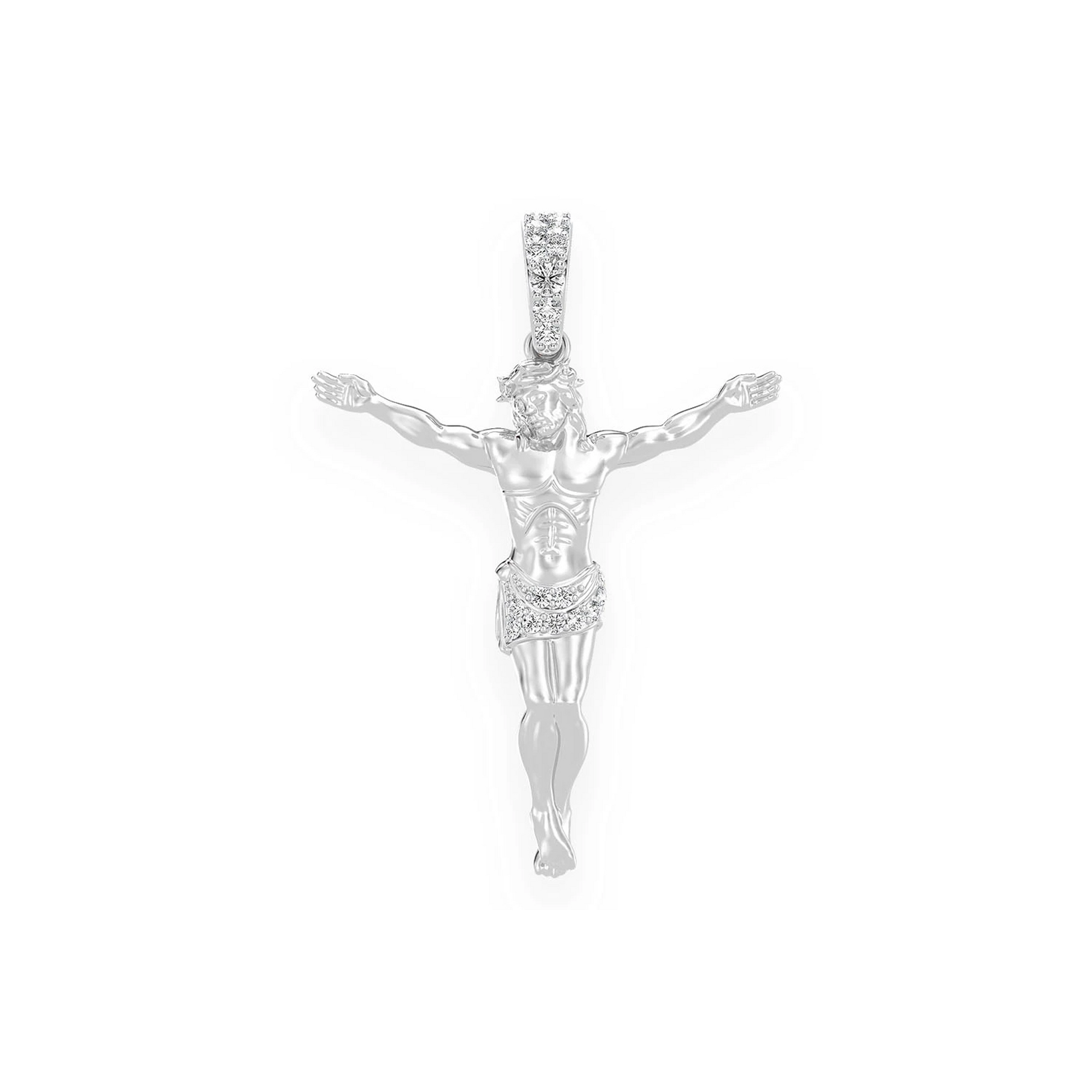 Jesus Crucifix Diamond Pendant in 14K white gold, Signature | 0.10ctw | Half-Diamond, front view