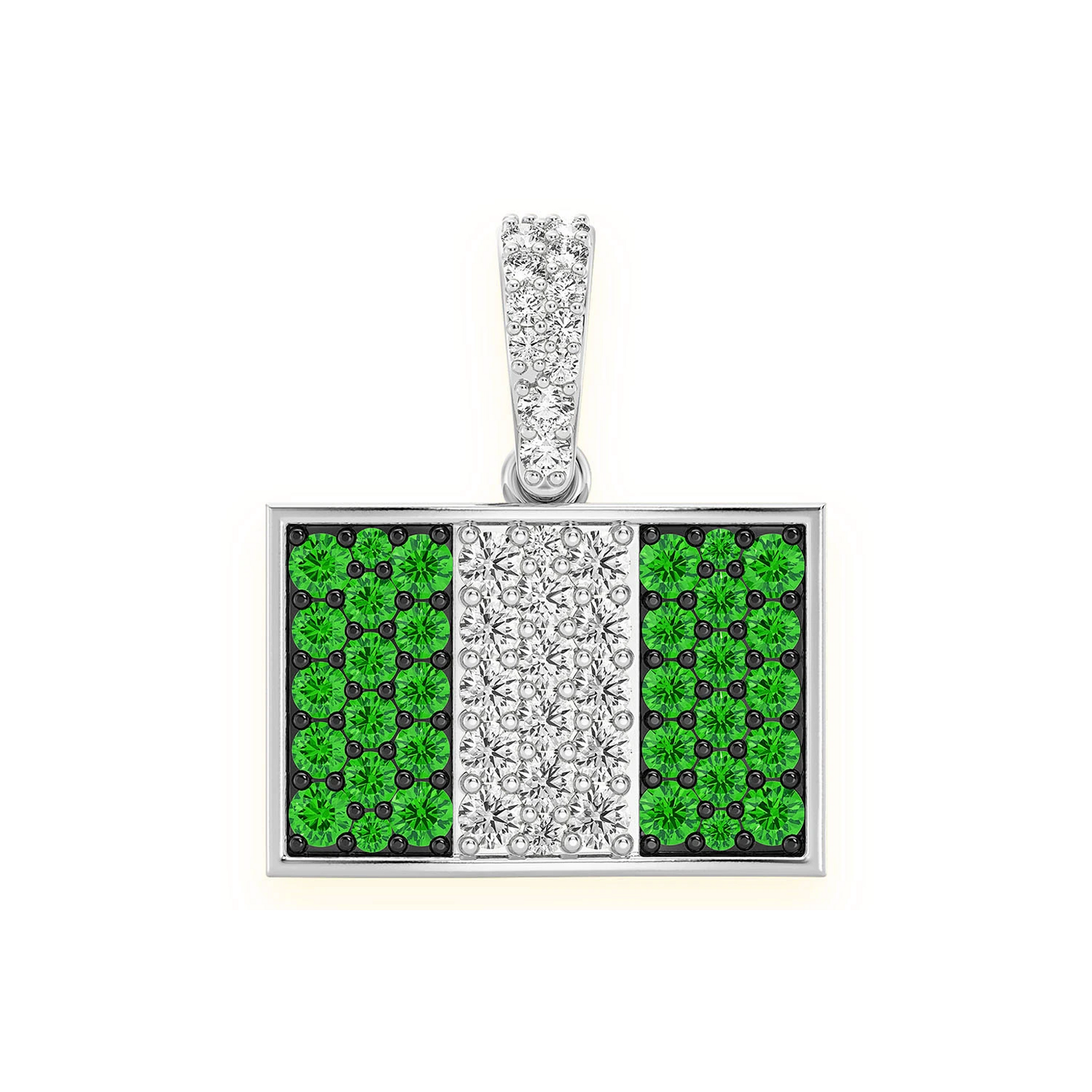 Nigeria Flag Emerald & Diamond Pendant in 14K white gold, front view