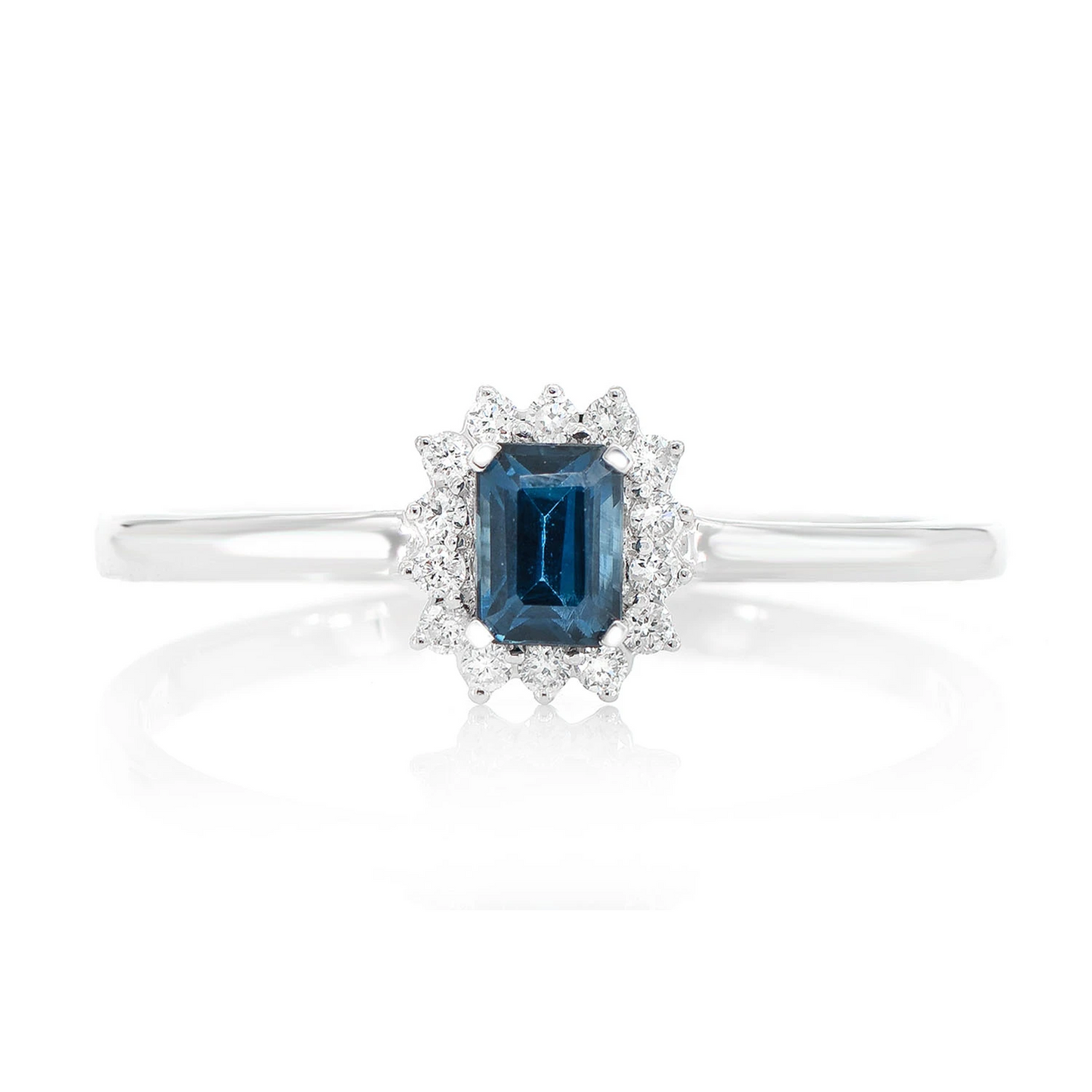0.30ct Emerald Cut Sapphire Halo Diamond Engagement Ring in 14K white gold, front view