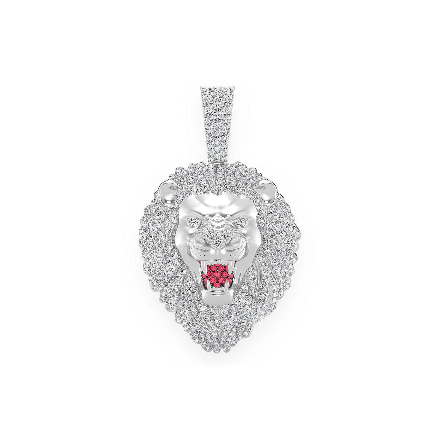 Roaring Lion Diamond Pendant in 14K white gold, Signature | Ruby Set Mouth | 3.20ctw, front view