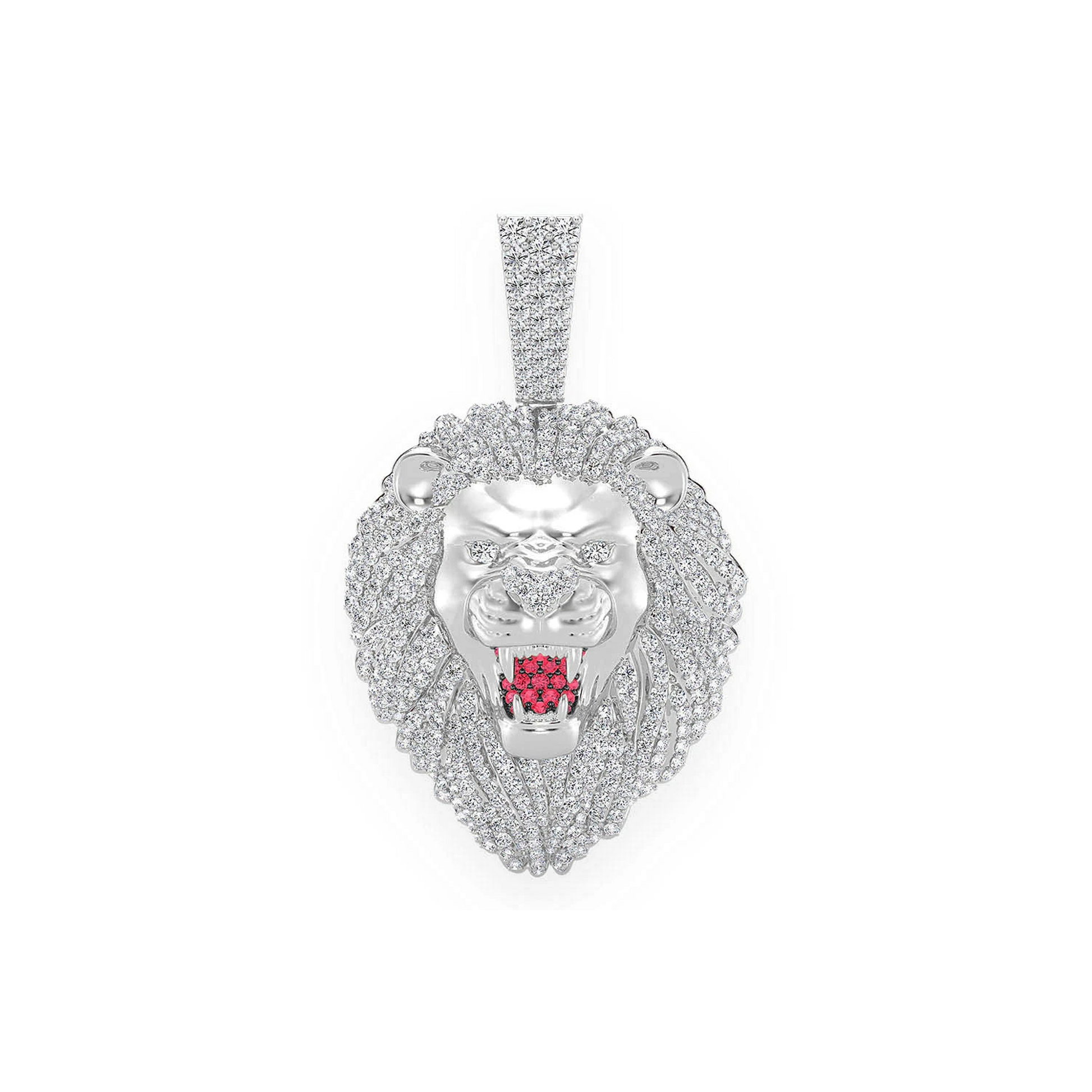 Roaring Lion Diamond Pendant in 14K white gold, Signature | Ruby Set Mouth | 3.20ctw, front view