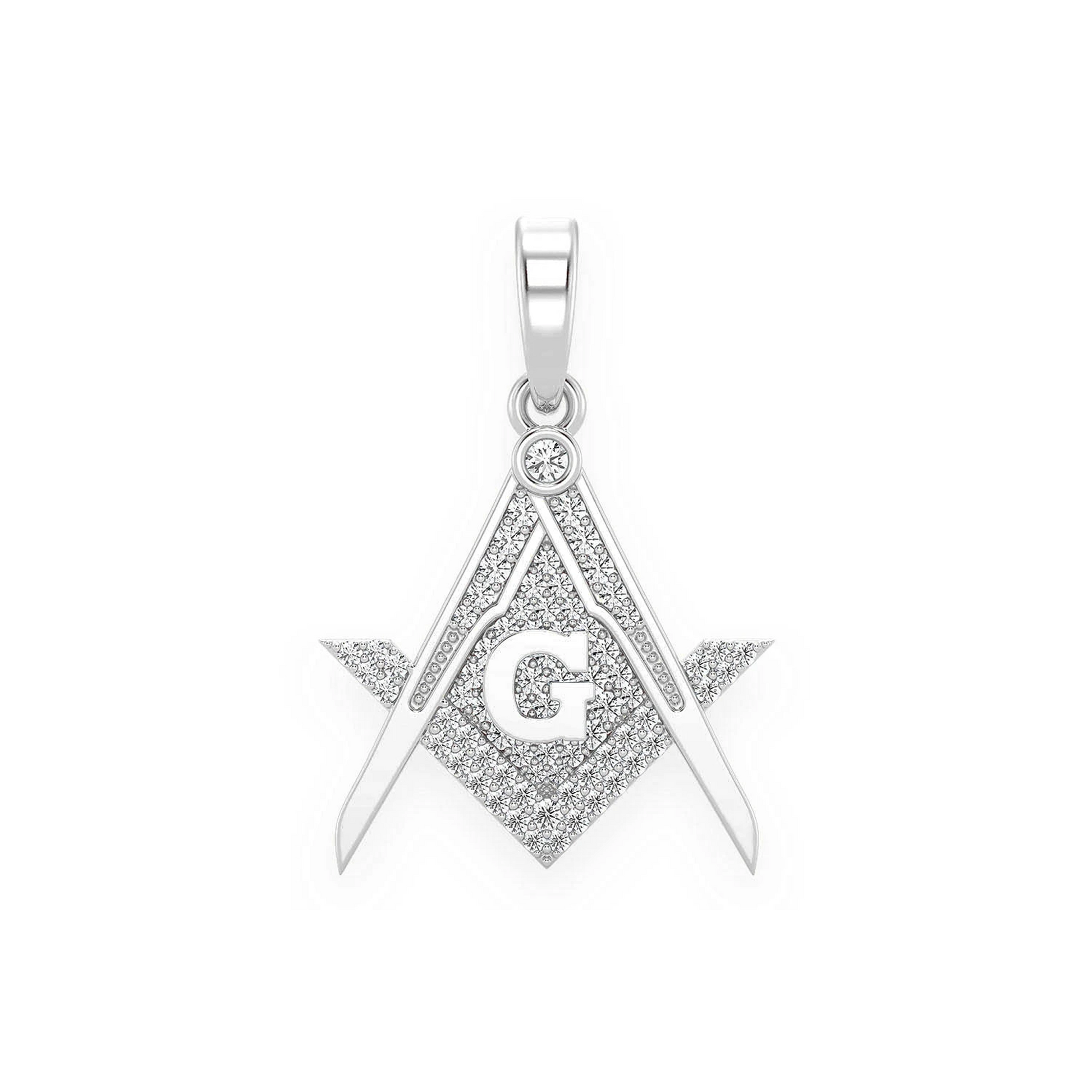 Masonic G Diamond Pendant in 14K white gold, front view