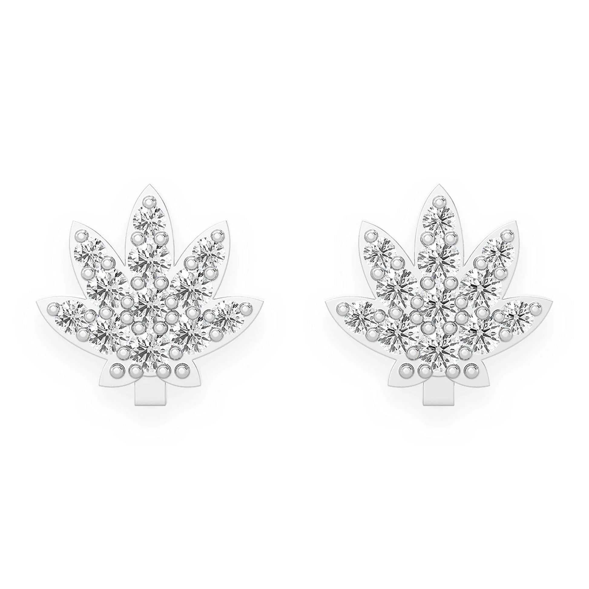 Cannabis Leaf Diamond Studs in 14K white gold, Mini, front view
