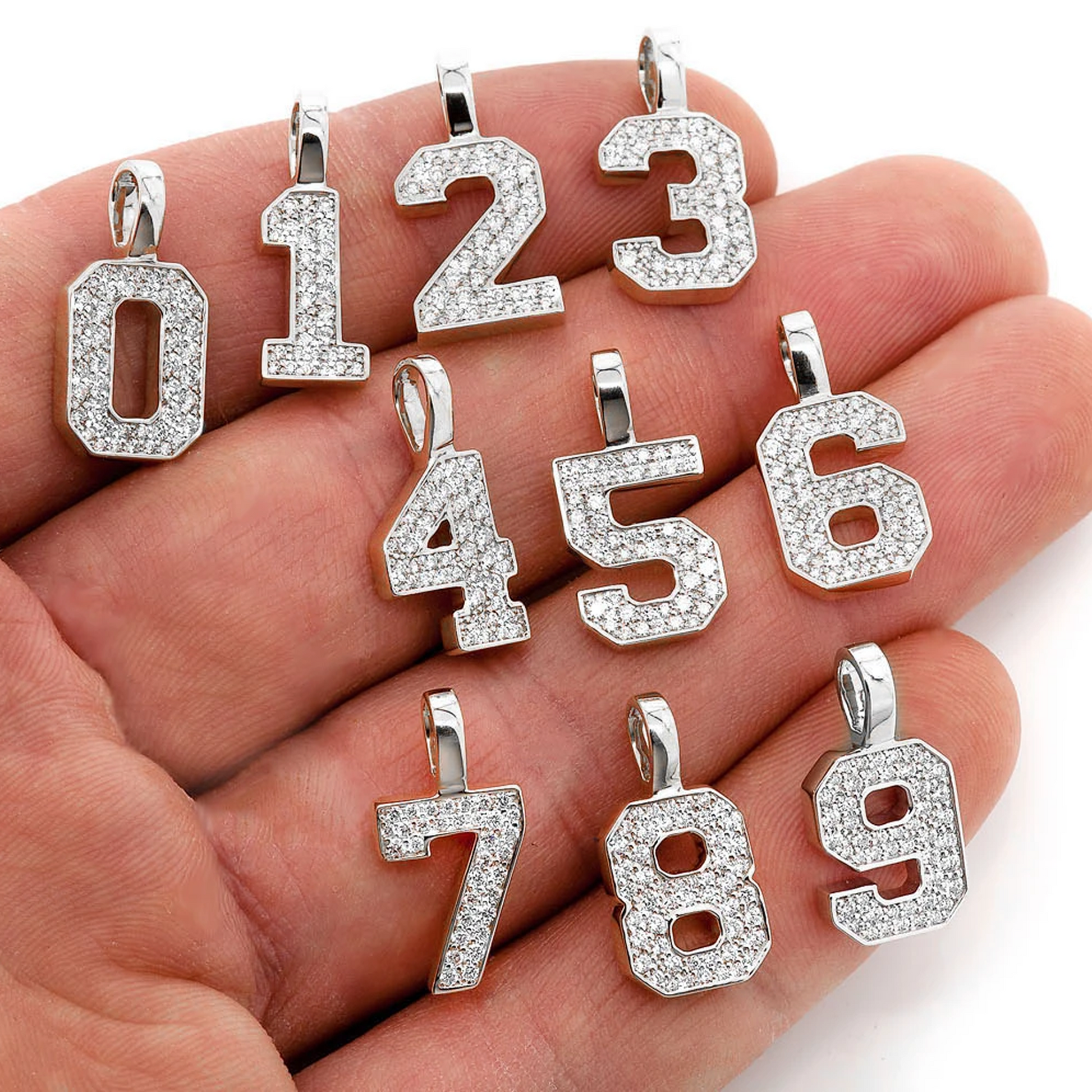 Jersey Number Diamond Pendant in 14K white gold, worn view