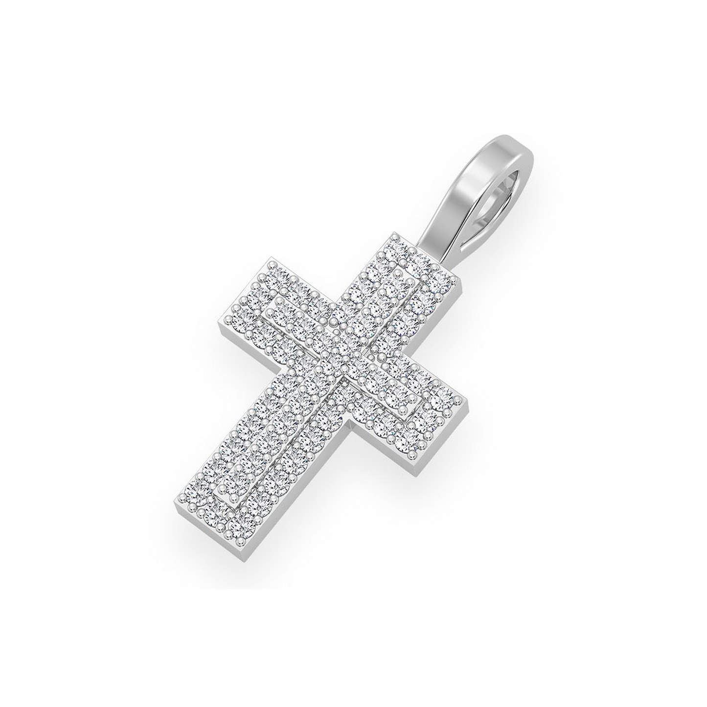 Layered Diamond Cross Pendant in 14K white gold, worn view