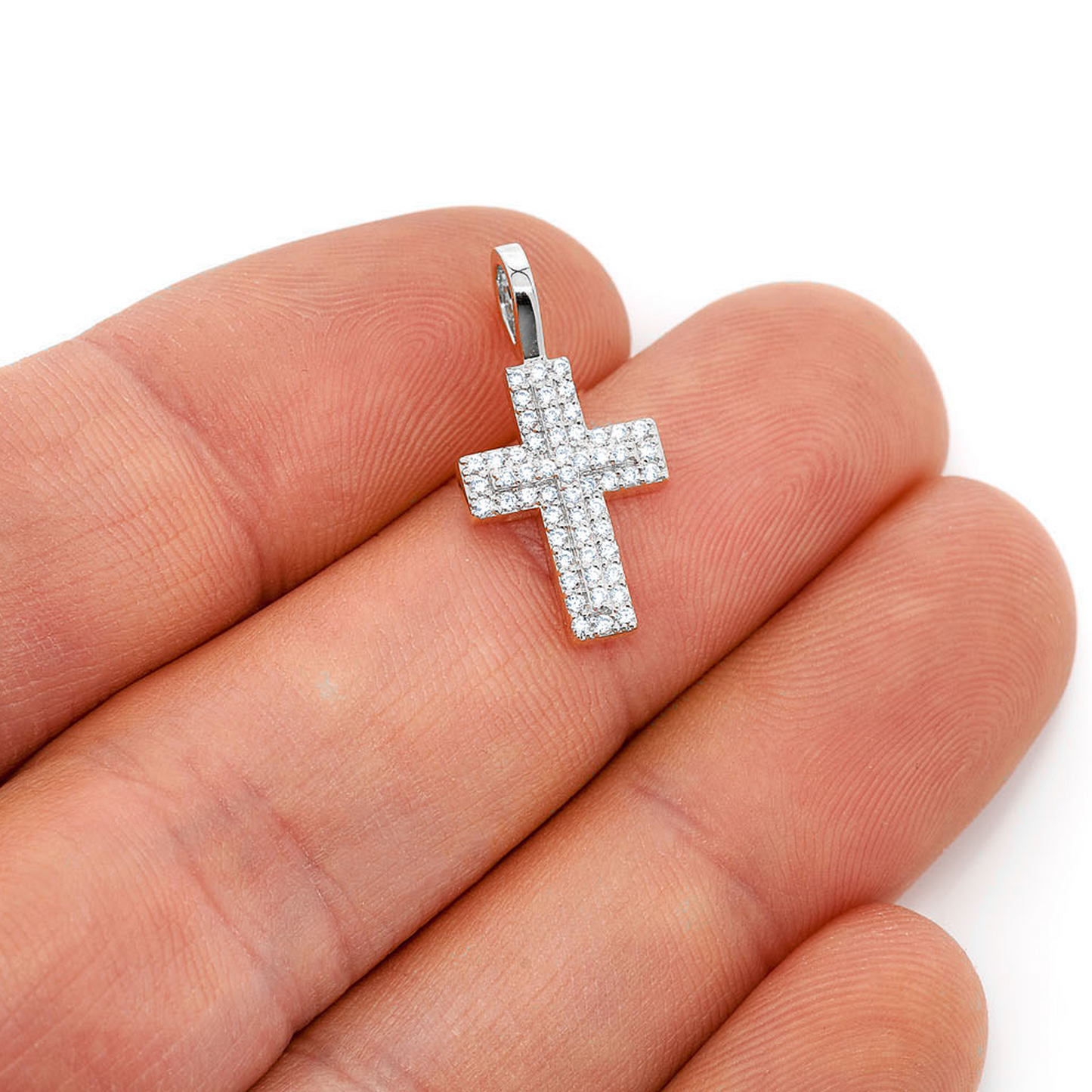 Layered Diamond Cross Pendant in 14K white gold, worn view 2
