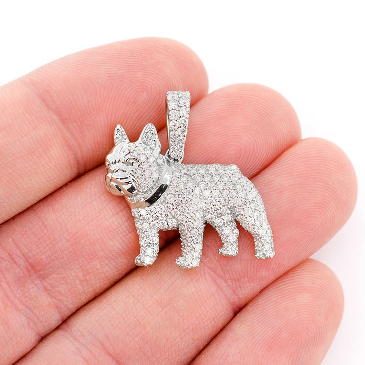 French Bulldog Diamond Pendant in 14K white gold, Statement | 2.50ctw, worn view