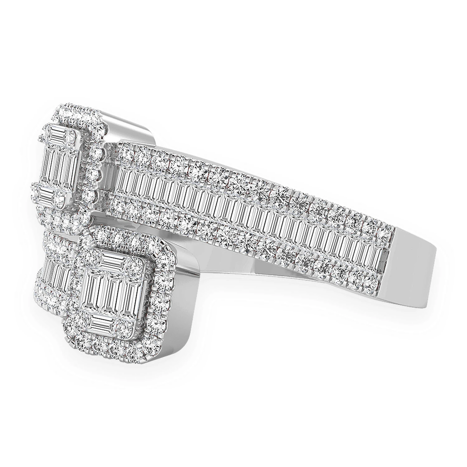 Border Baguette Crossover Diamond Ring in 14K white gold, detail view