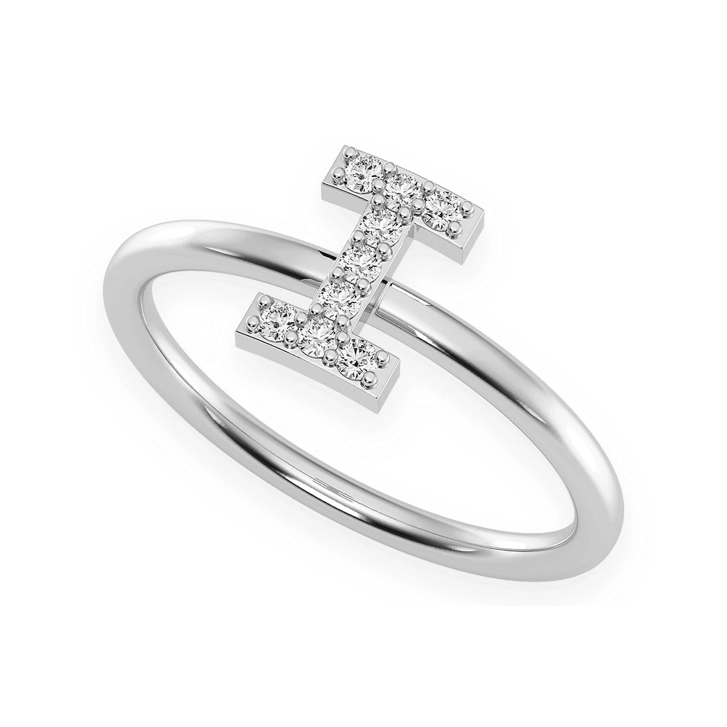 Custom Diamond Initial Ring in 14K white gold, angled view