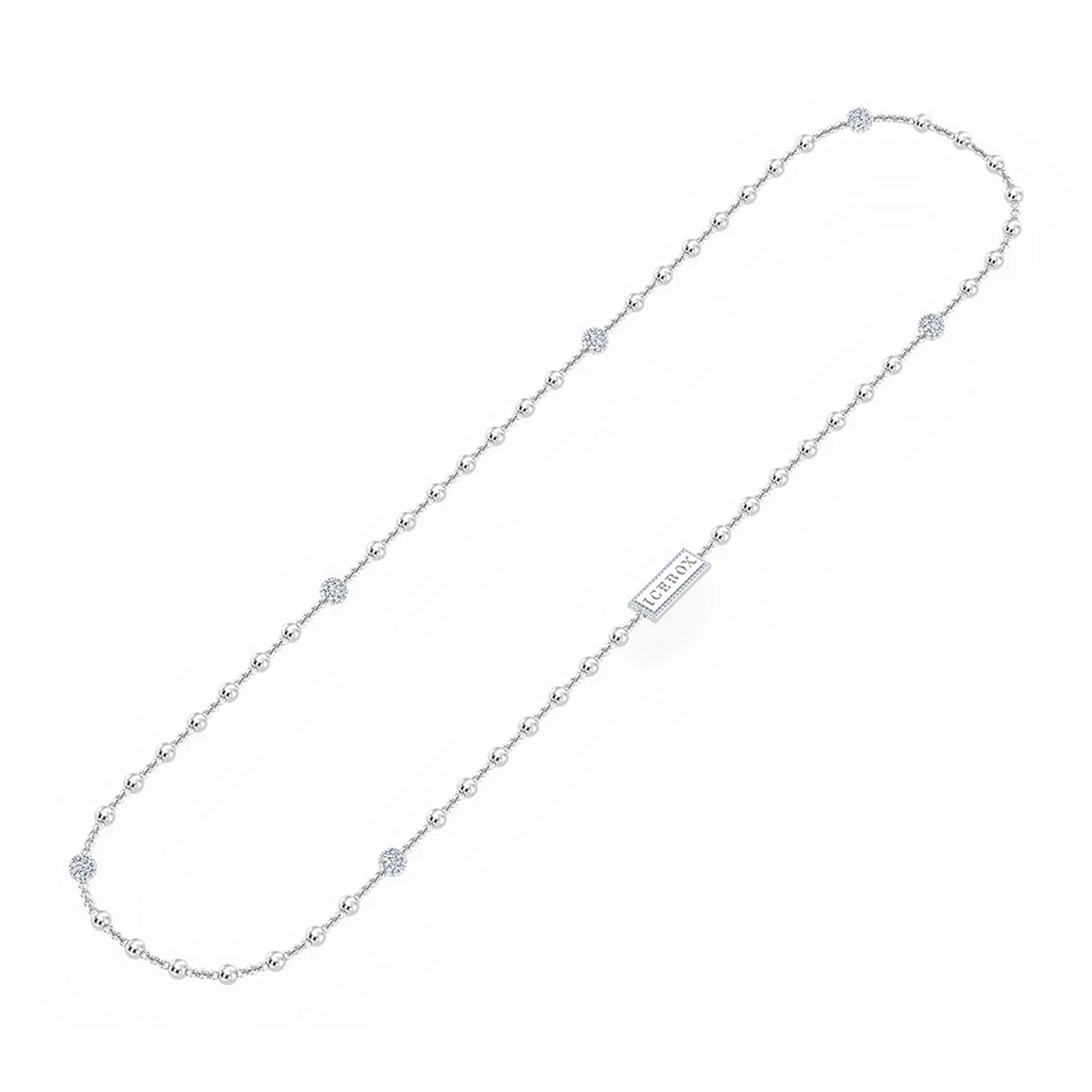 Diamond Bead Rosary Necklace in 14K white gold, full-length view