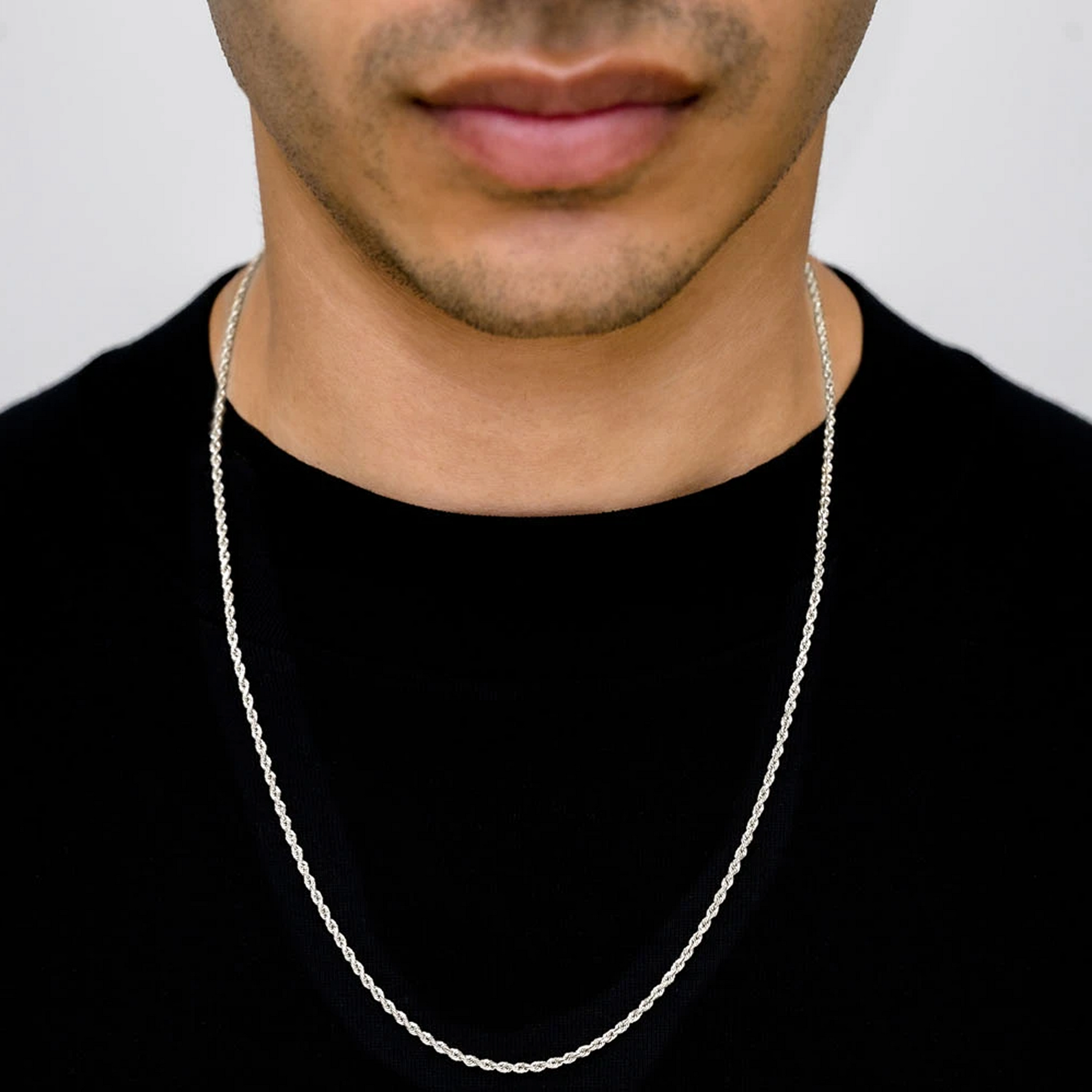 Rope Gold Chain in 14K white gold, 2mm width, worn view