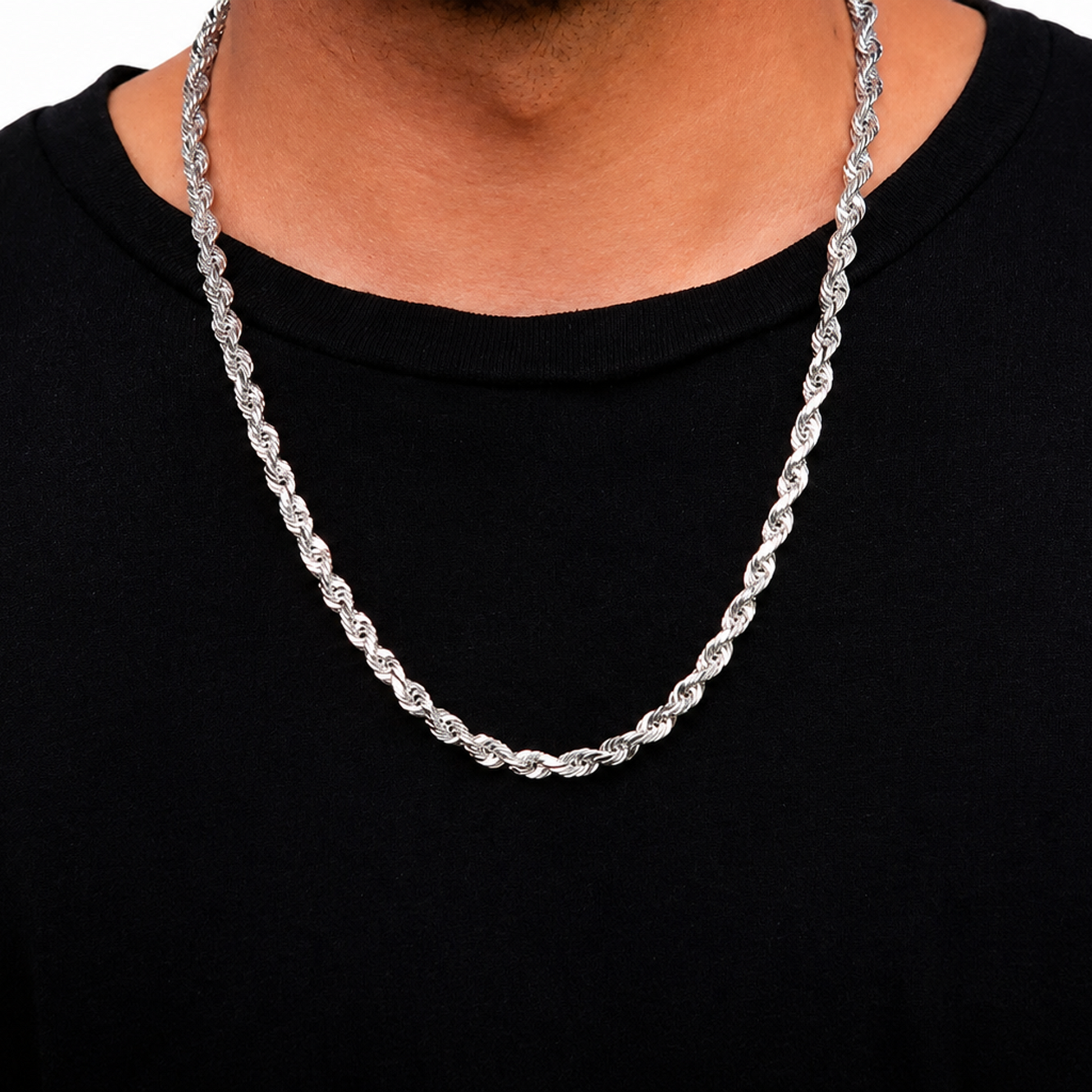 Rope Gold Chain in 14K white gold, 6mm width, worn view