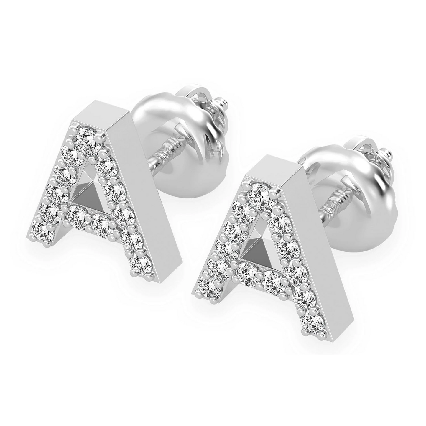 Any Letter Diamond Stud Earrings in 14K white gold, angled view