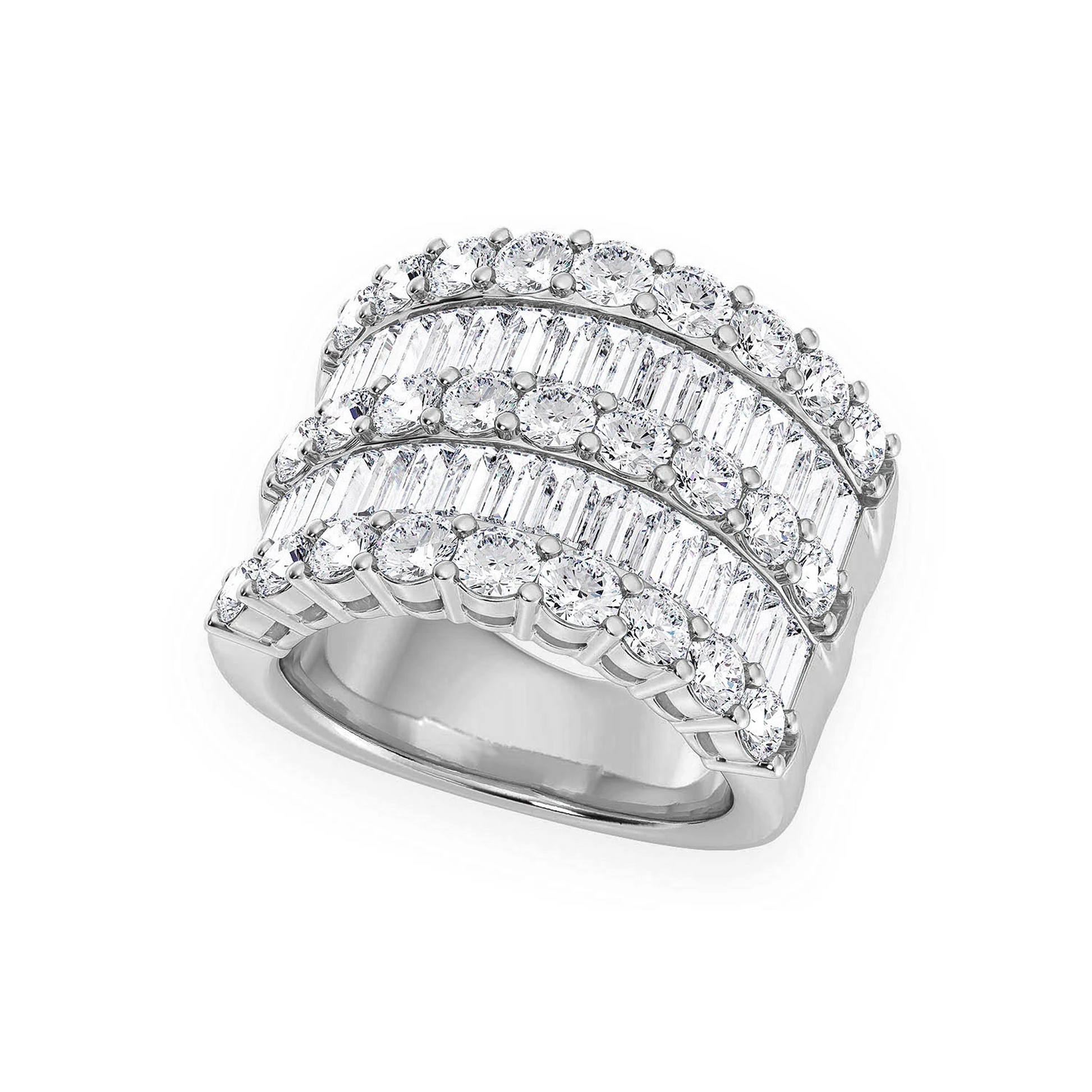 Three Row Round & Baguette Ring in 14K white gold, side view