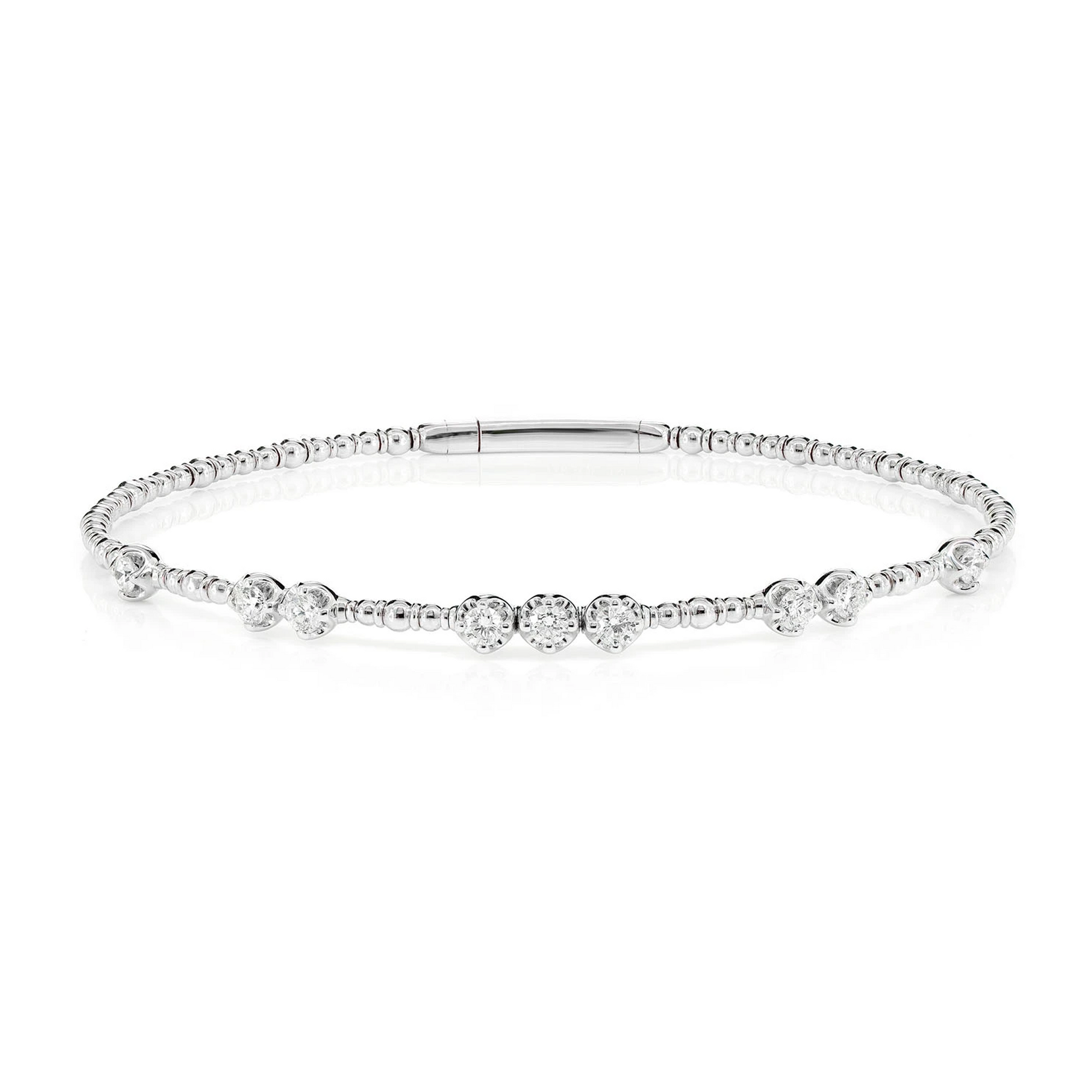 Graduated Beaded Diamond Flex Bangle Bracelet in 14K white gold, front view