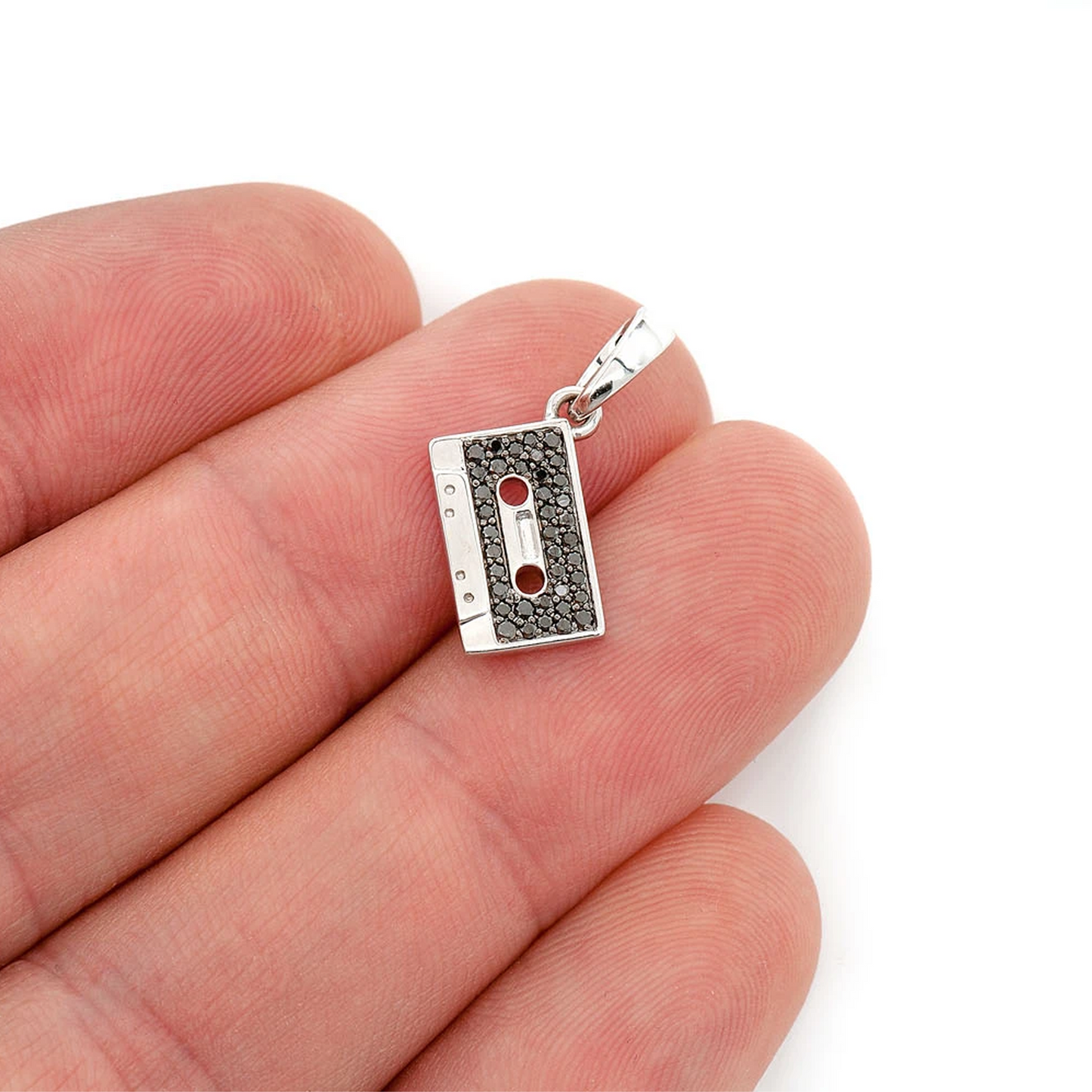 Music Cassette Diamond Pendant in 14K rose gold, Black, angled view