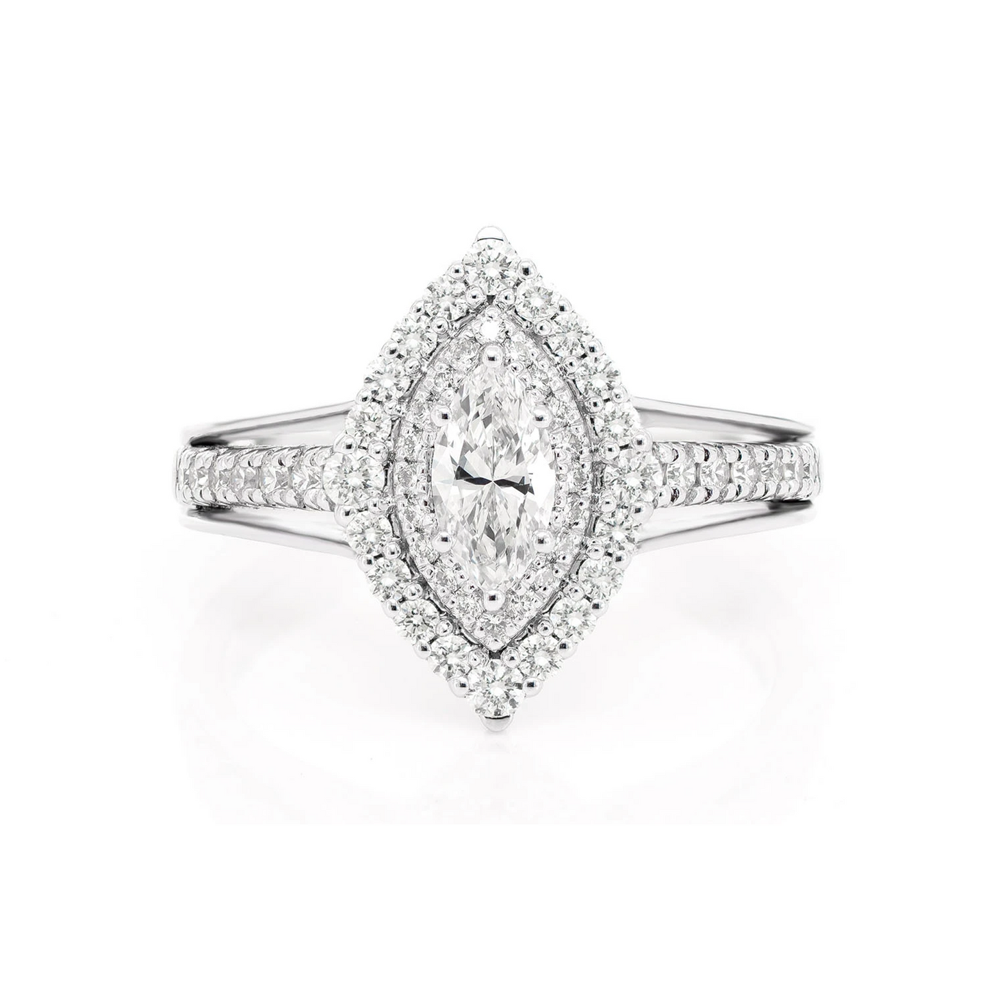 Marquise Double Halo Diamond Ring in 14K white gold, front view