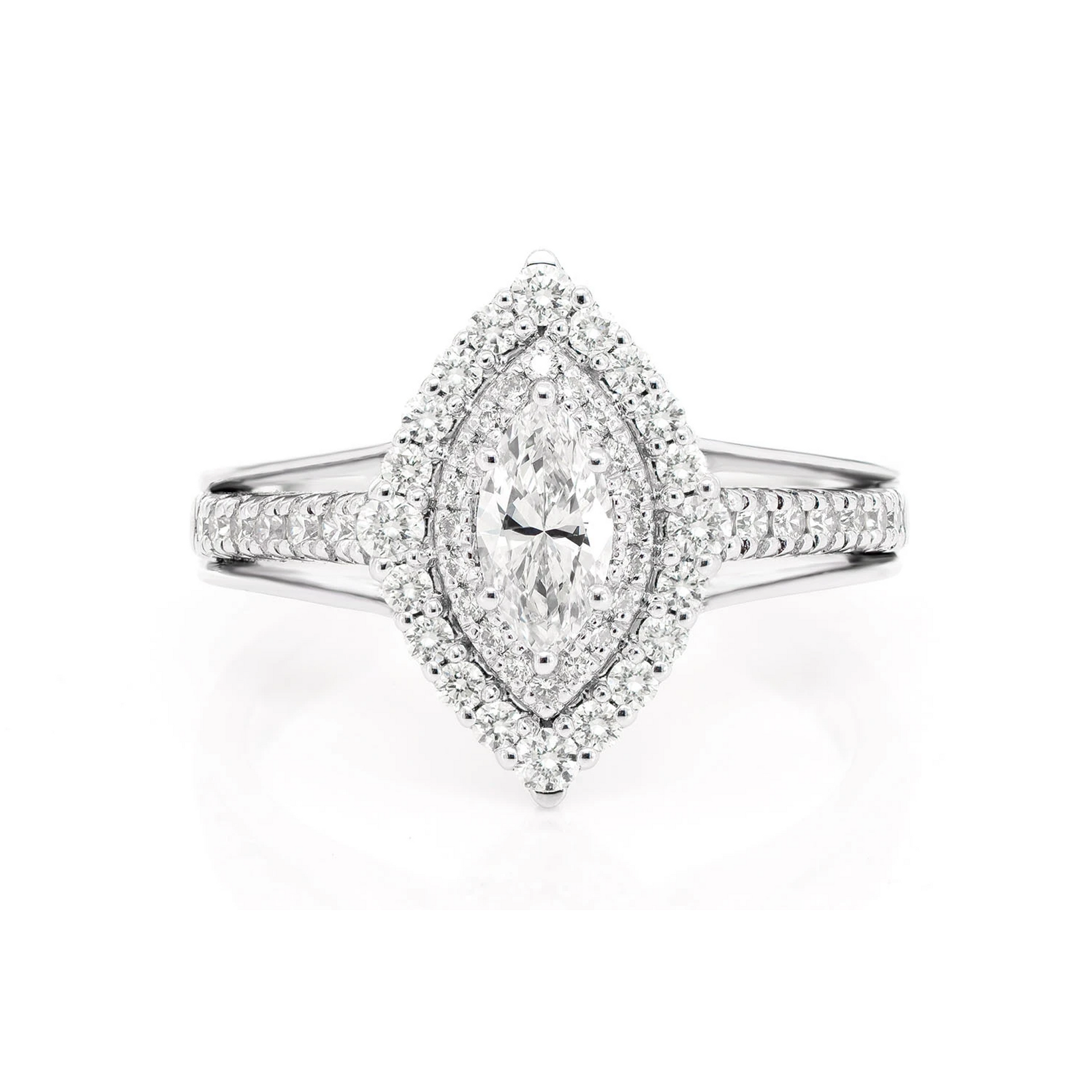 Marquise Double Halo Diamond Ring in 14K white gold, front view