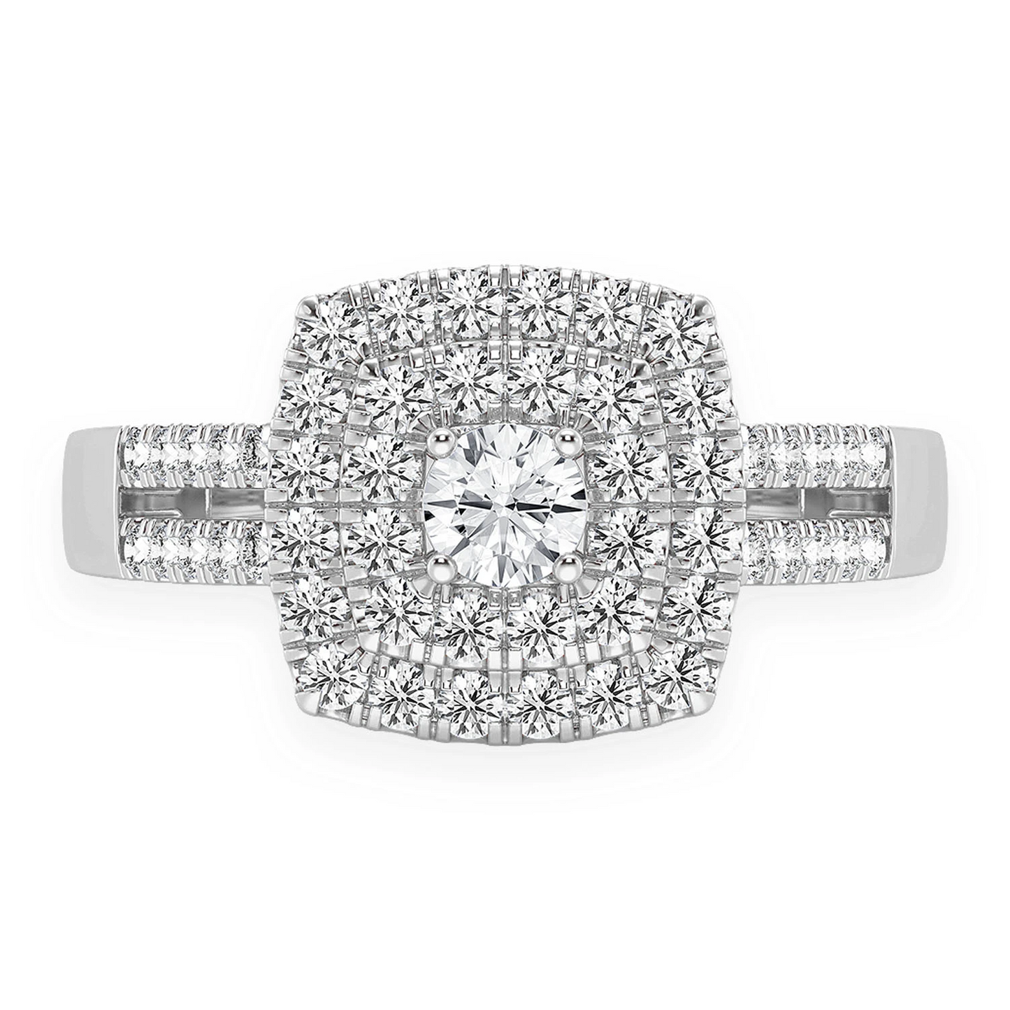 Princess Cut Double Halo Split Shank Ring in 14K white gold, front view