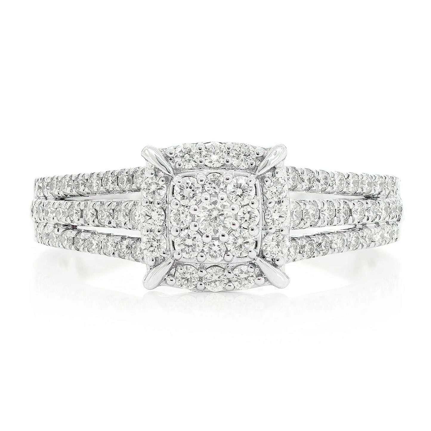 Cluster Halo Three Row Diamond Band Ring in 14K white gold, front view