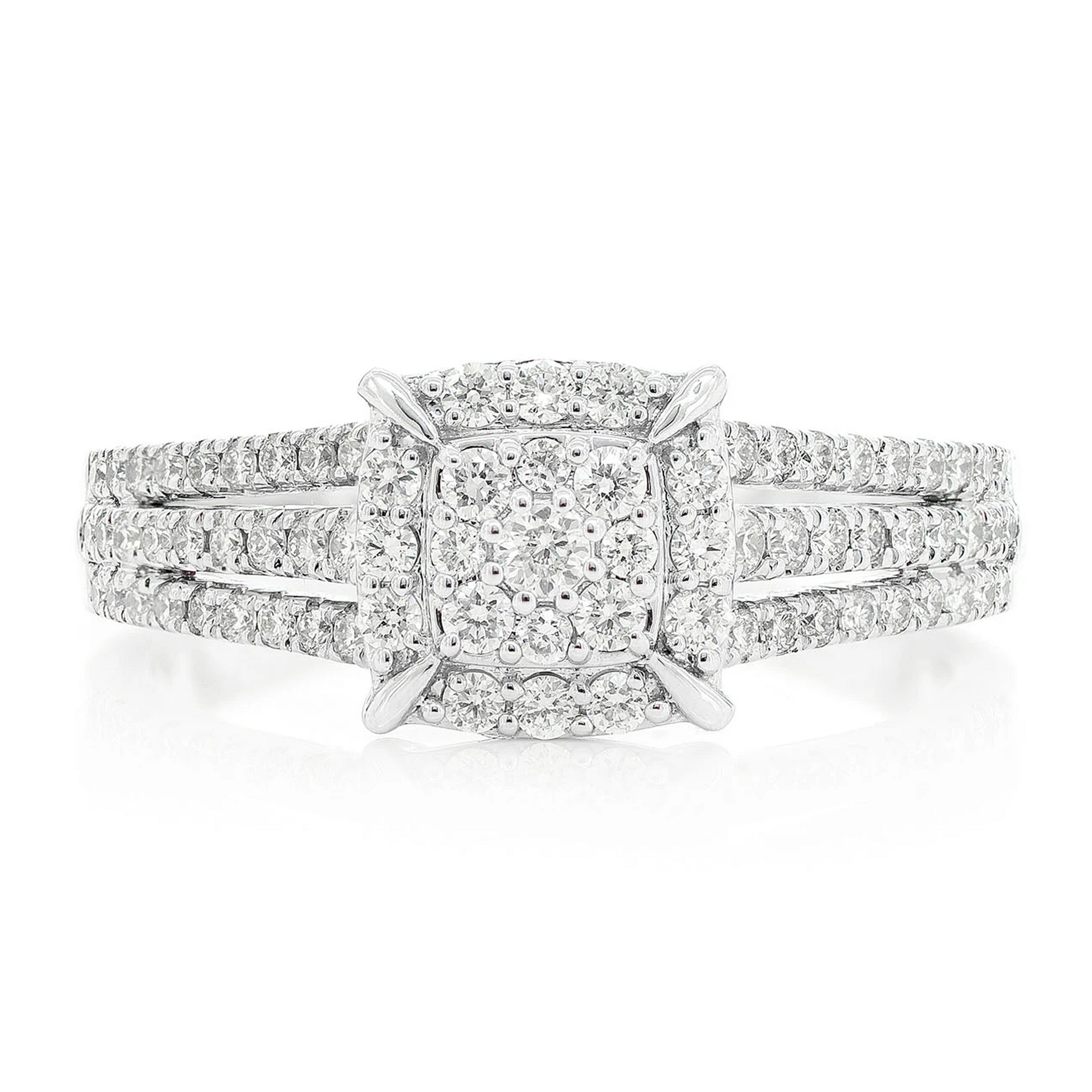 Cluster Halo Three Row Diamond Band Ring in 14K white gold, front view