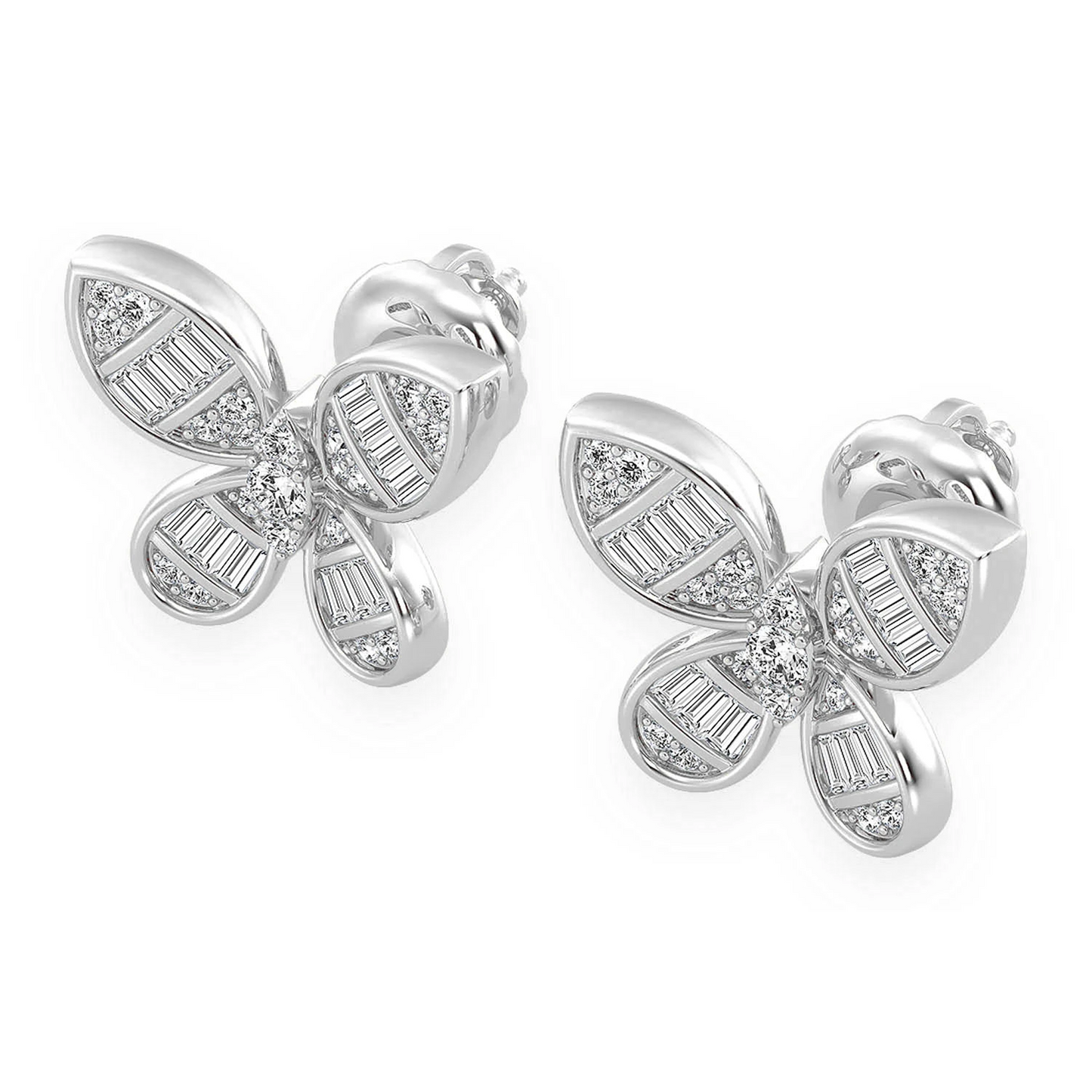 Butterfly Baguette Diamond Stud Earrings in 14K white gold, angled view