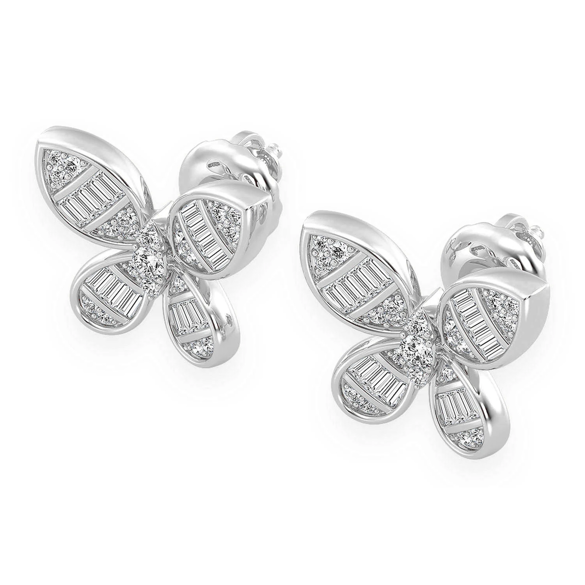 Butterfly Baguette Diamond Stud Earrings in 14K white gold, angled view