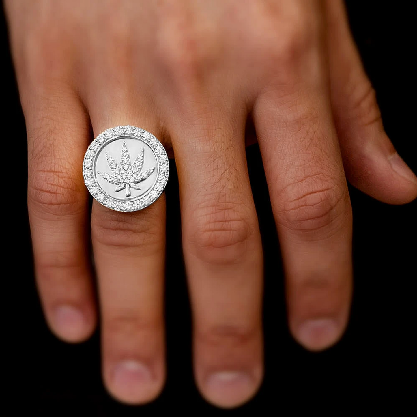 Cannabis Signet Diamond Ring in 14K white gold, angled view