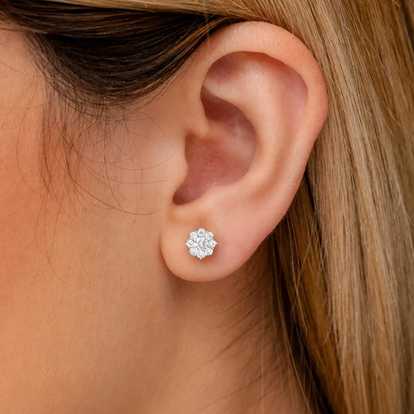 Flower Diamond Studs in 14K yellow gold, 1.00ctw, worn view