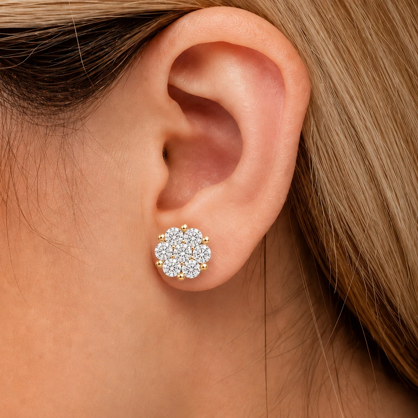 Flower Diamond Studs in 14K yellow gold, 4.00ctw, worn view