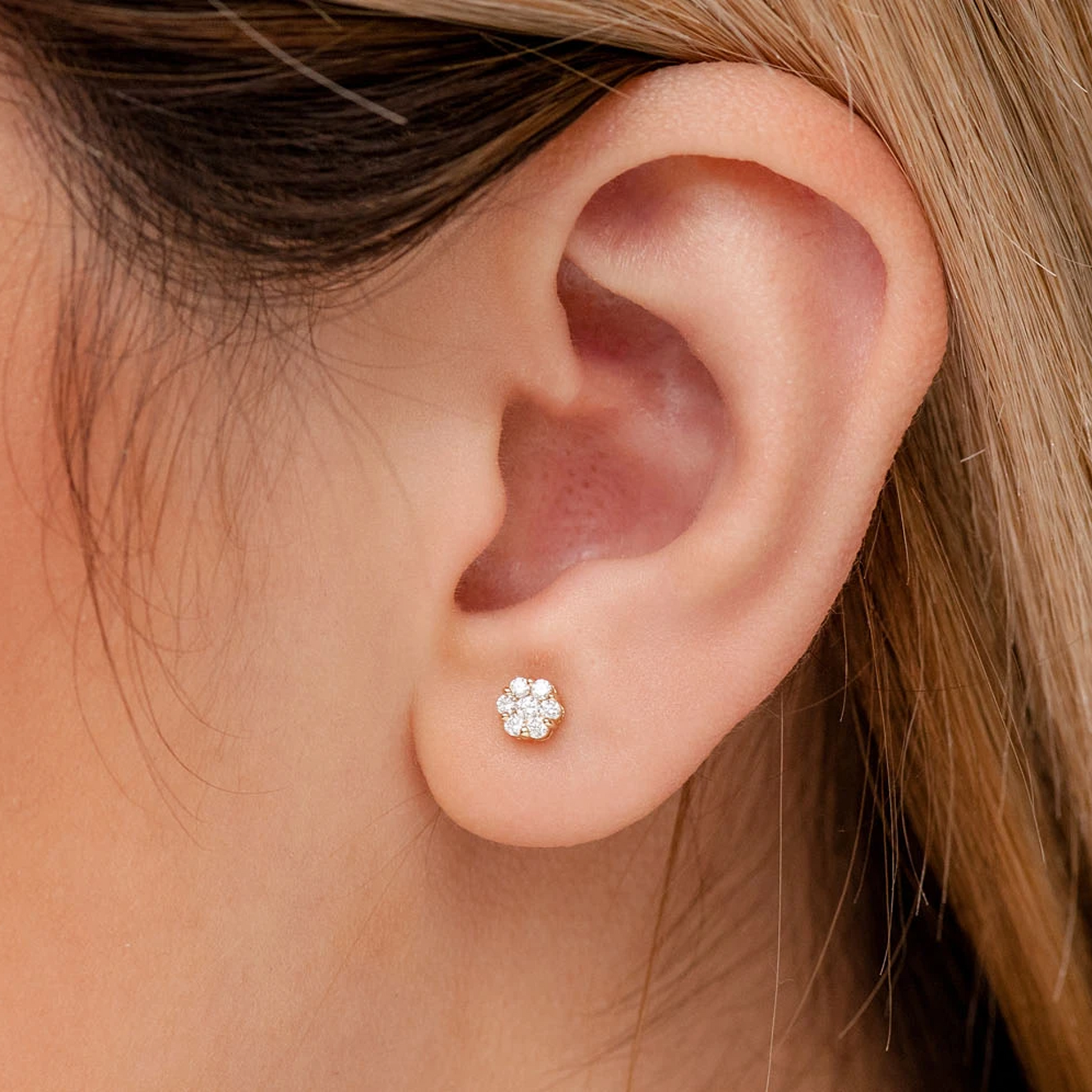 Flower Diamond Studs in 14K rose gold, 0.25ctw, worn view