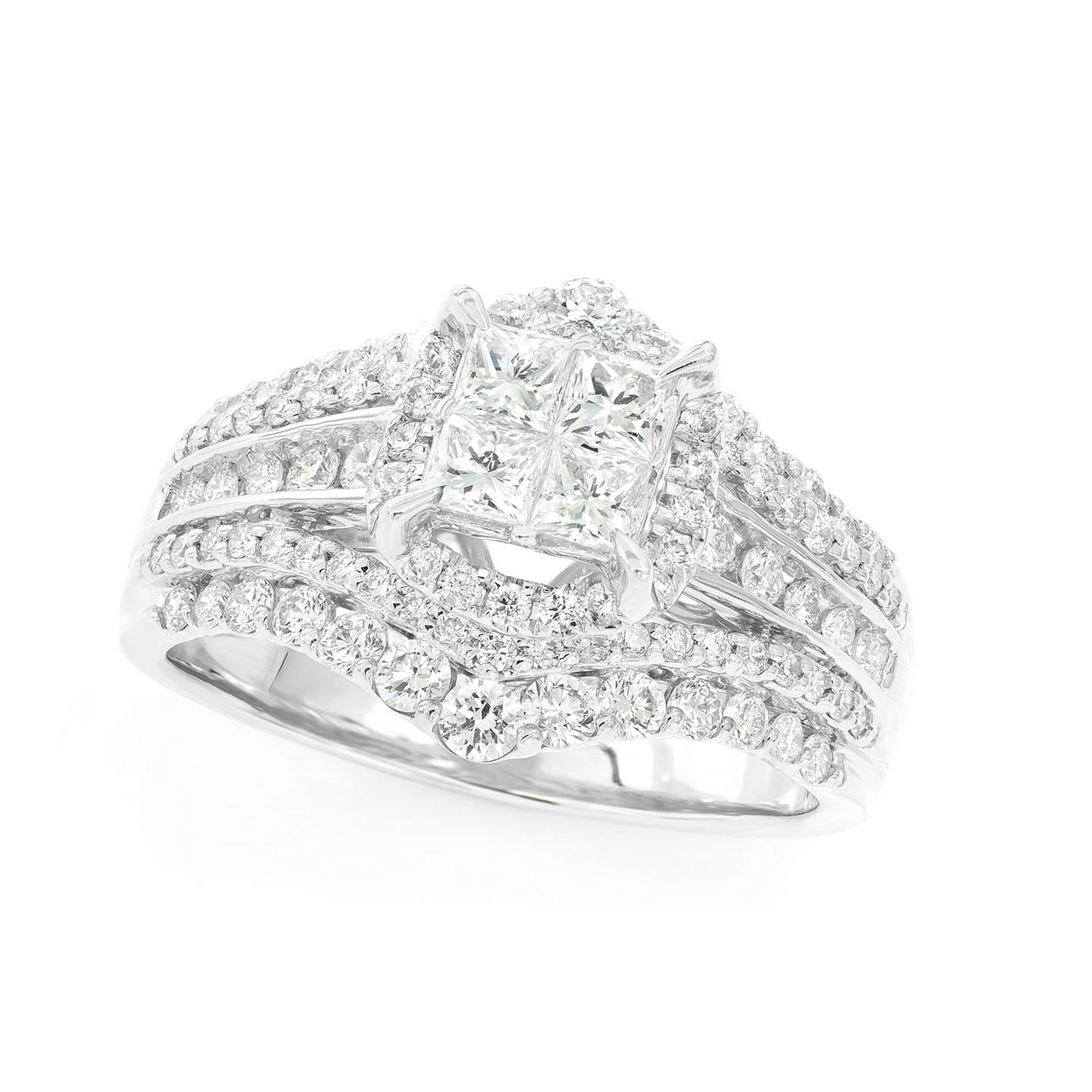 Princess Quad Halo Ring in 14K white gold, detail view