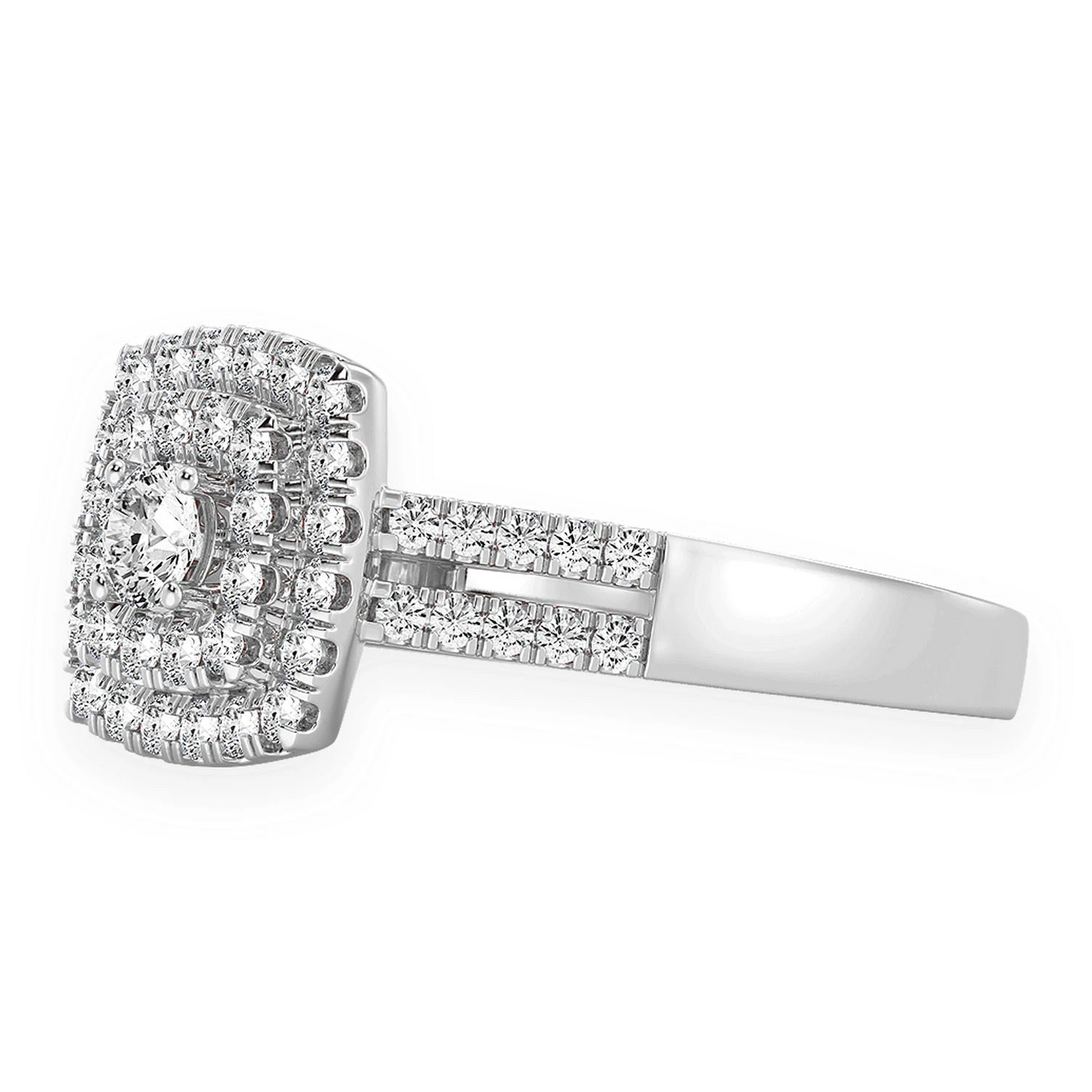 Princess Cut Double Halo Split Shank Ring in 14K white gold, detail view