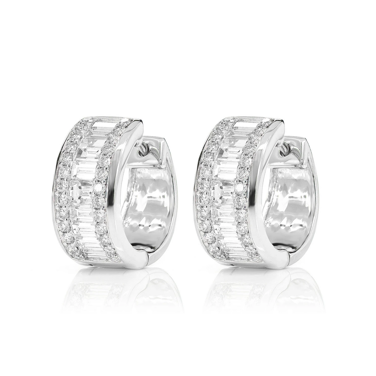 Baguette and Round Diamond Border Hoop Earrings