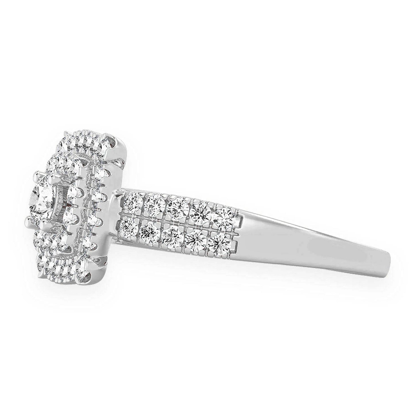 Square Double Halo Diamond Ring in 14K white gold, side view
