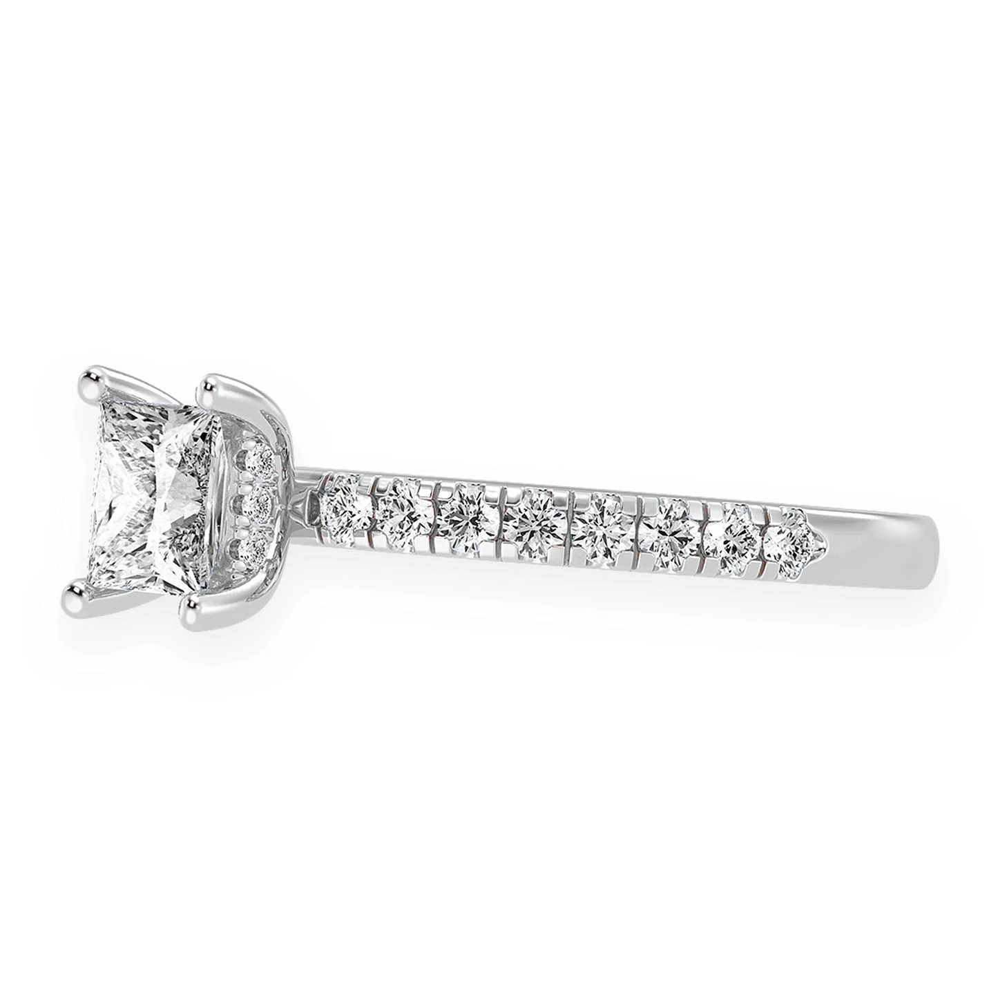 0.75ct Princess Cut Under Halo Diamond Engagement Ring in 14K white gold, detail view