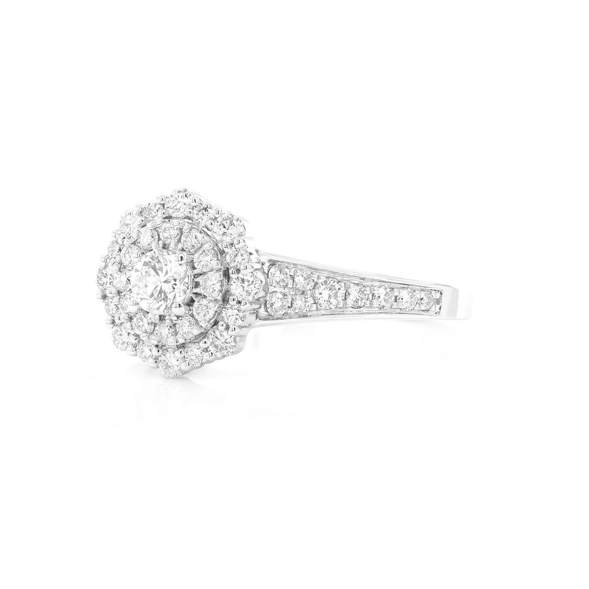 Fancy Double Halo Diamond Ring in 14K white gold, detail view