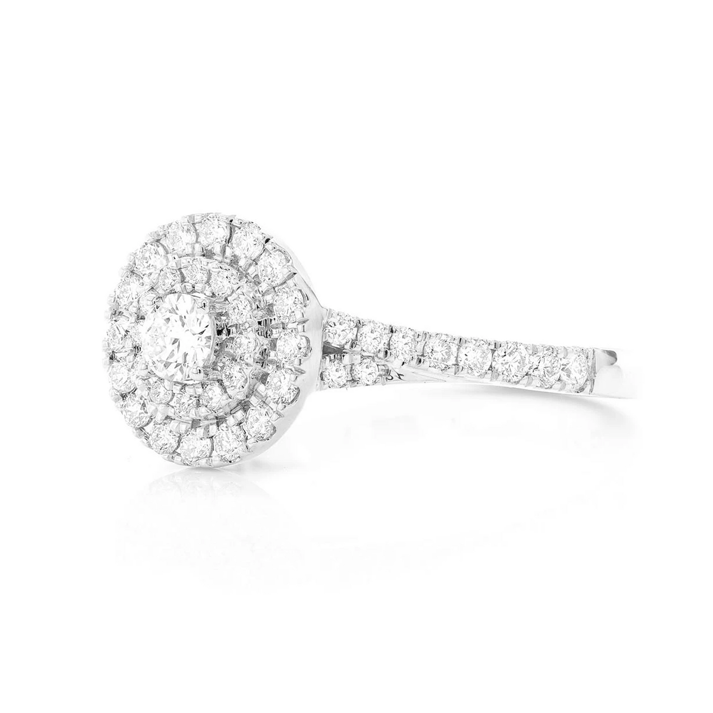 Classic Round Double Halo Diamond Ring in 14K white gold, side view