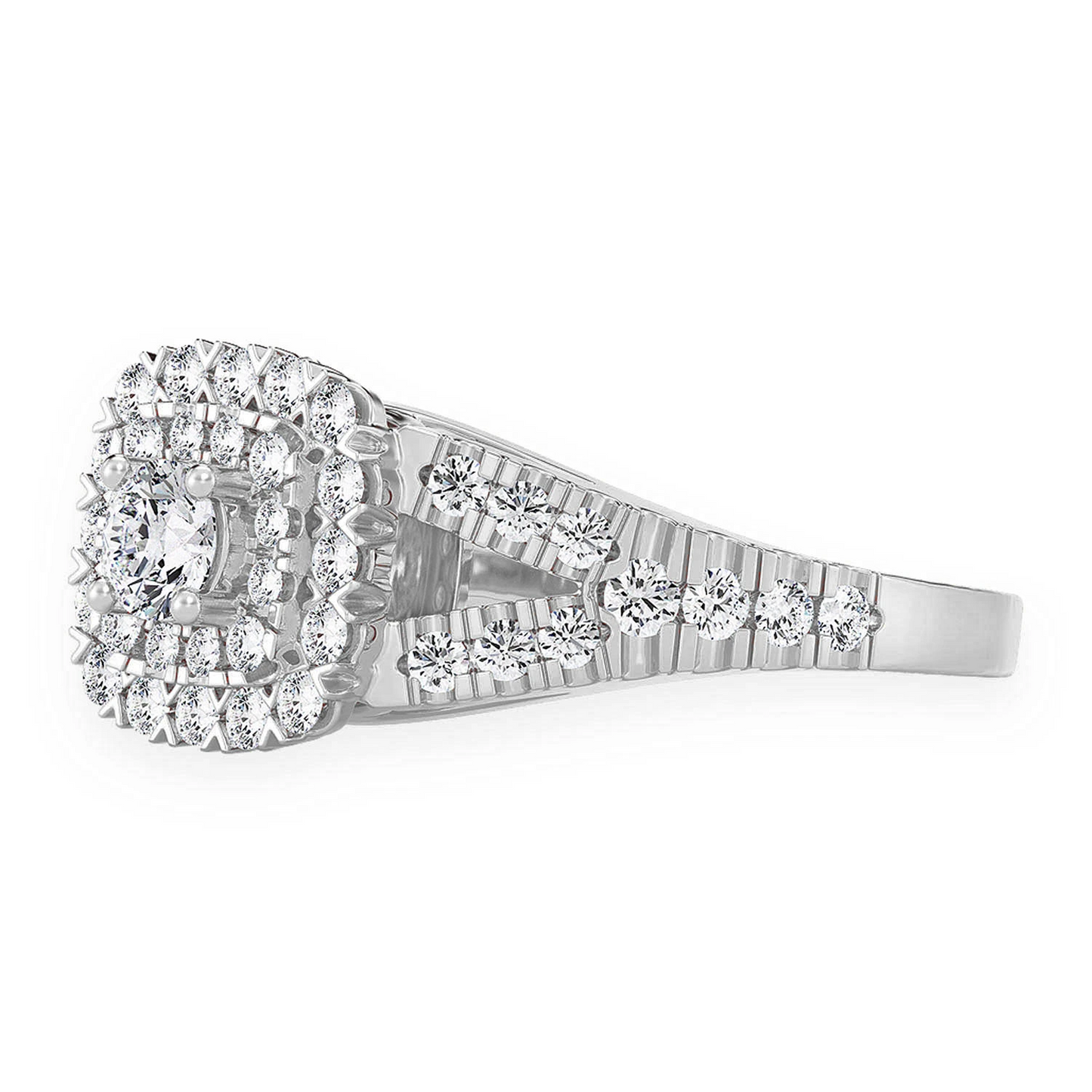 Cushion Double Halo Split Shank Ring in 14K white gold, detail view