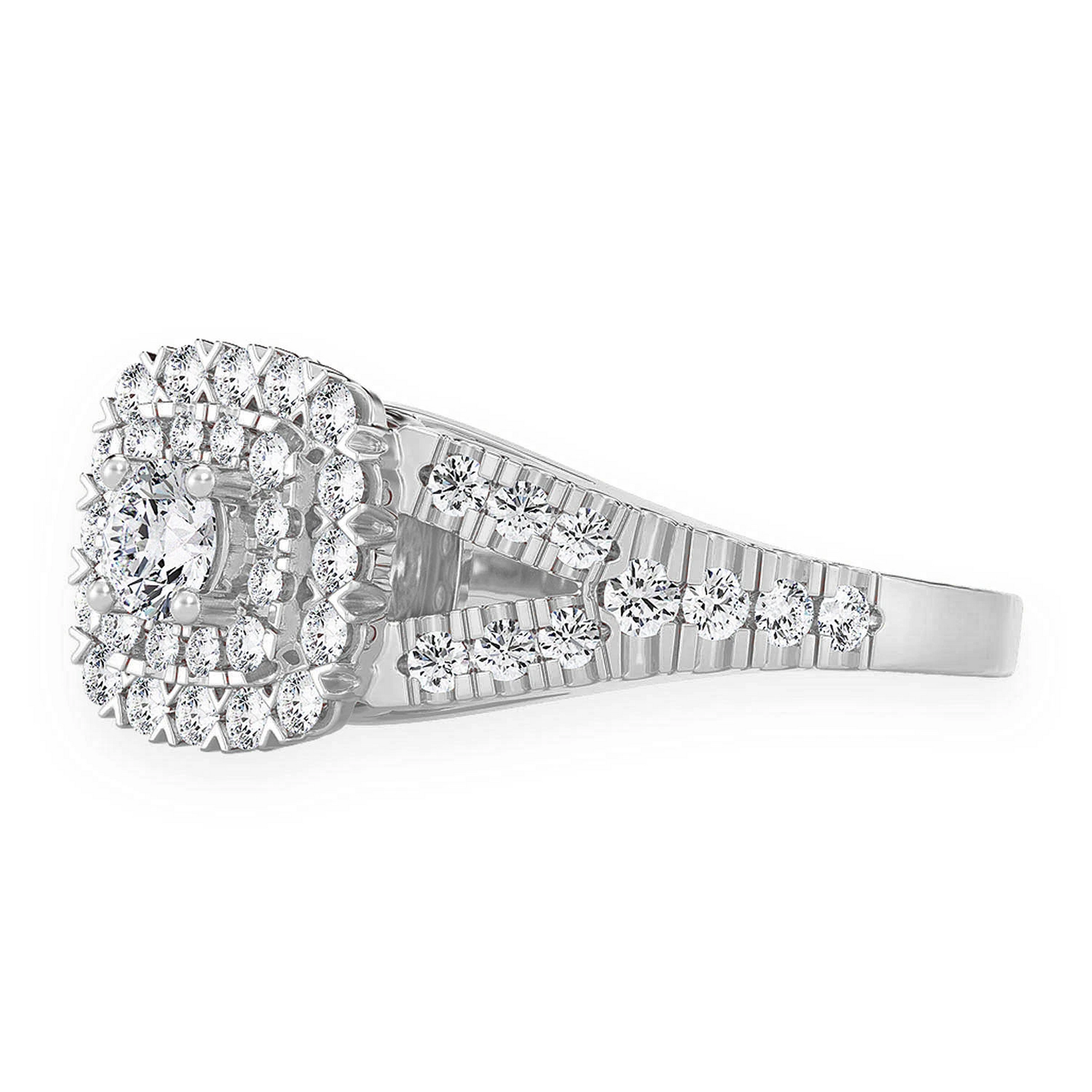Cushion Double Halo Split Shank Ring in 14K white gold, detail view