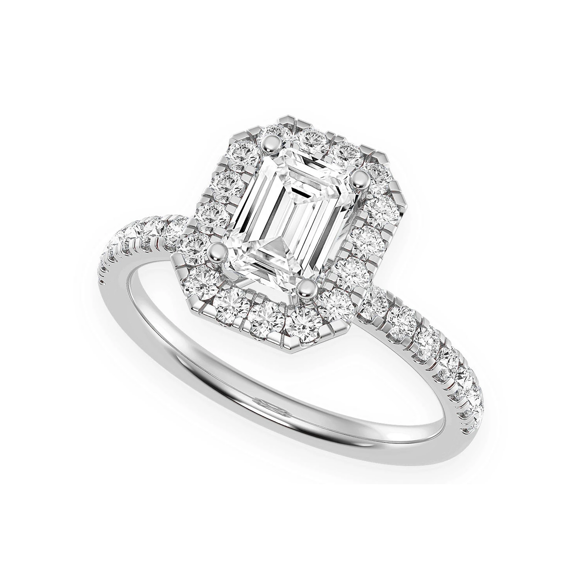 0.75ct Emerald Cut Halo Diamond Engagement Ring in 14K white gold, detail view