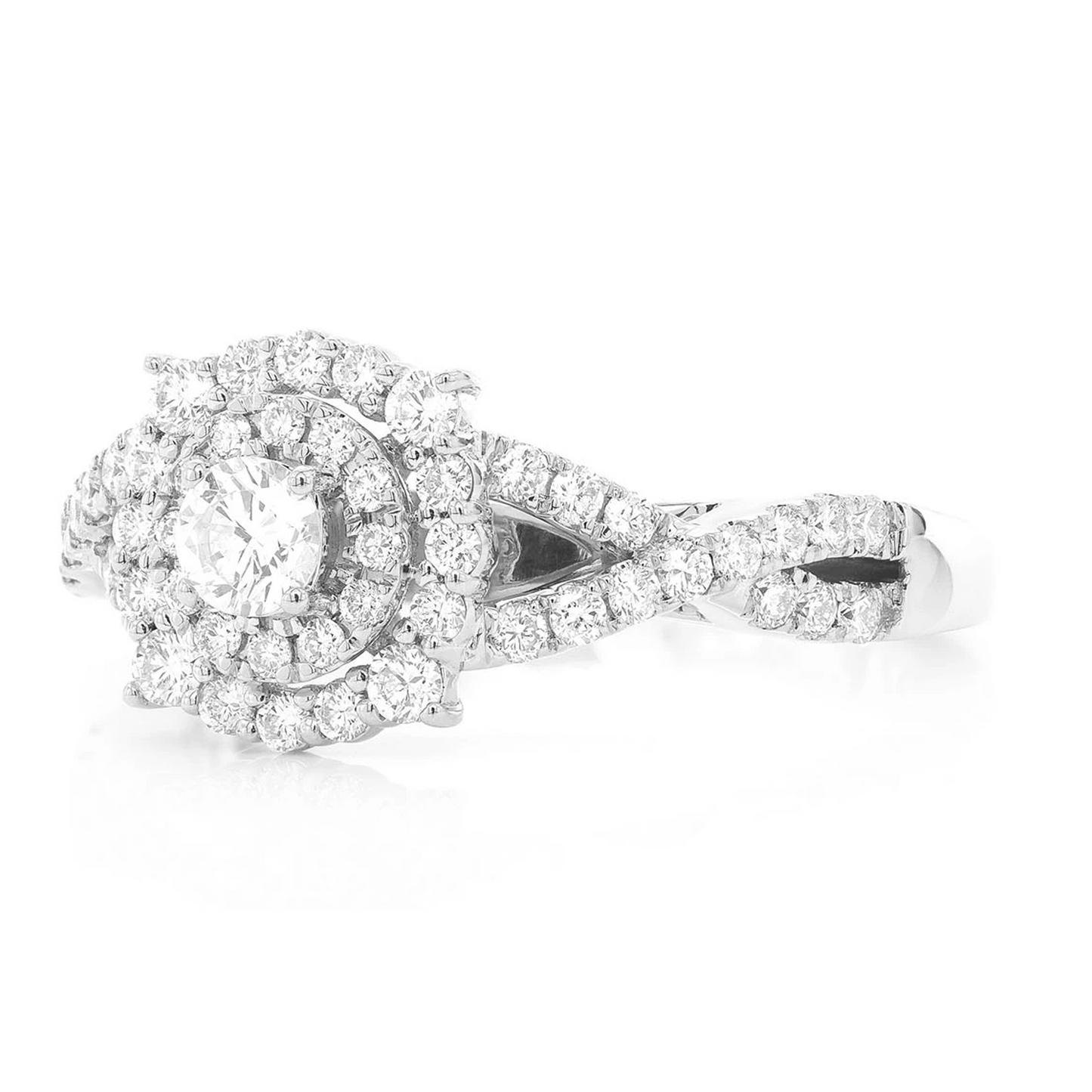 Split Shank Unique Halo Diamond Engagement Ring in 14K white gold, side view