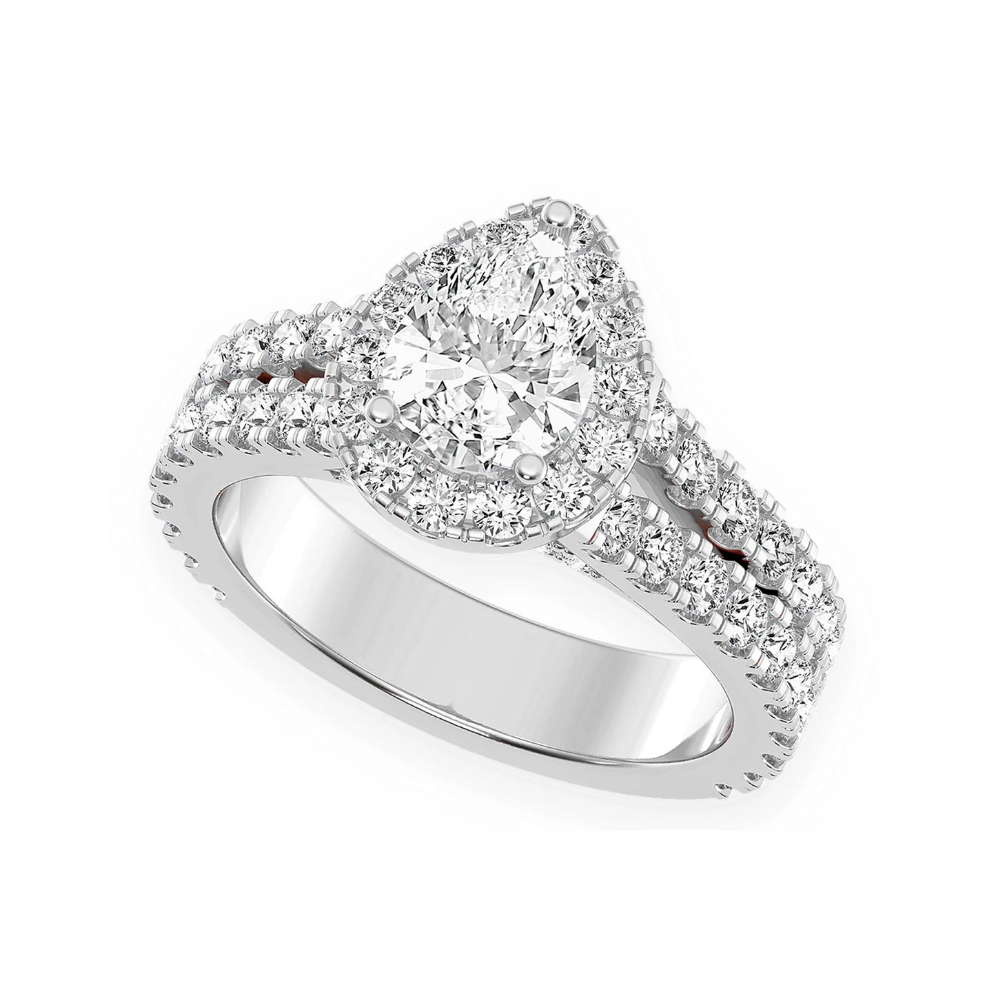 Pear Solitaire Two Row Split Scallop Ring in 14K white gold, angled view