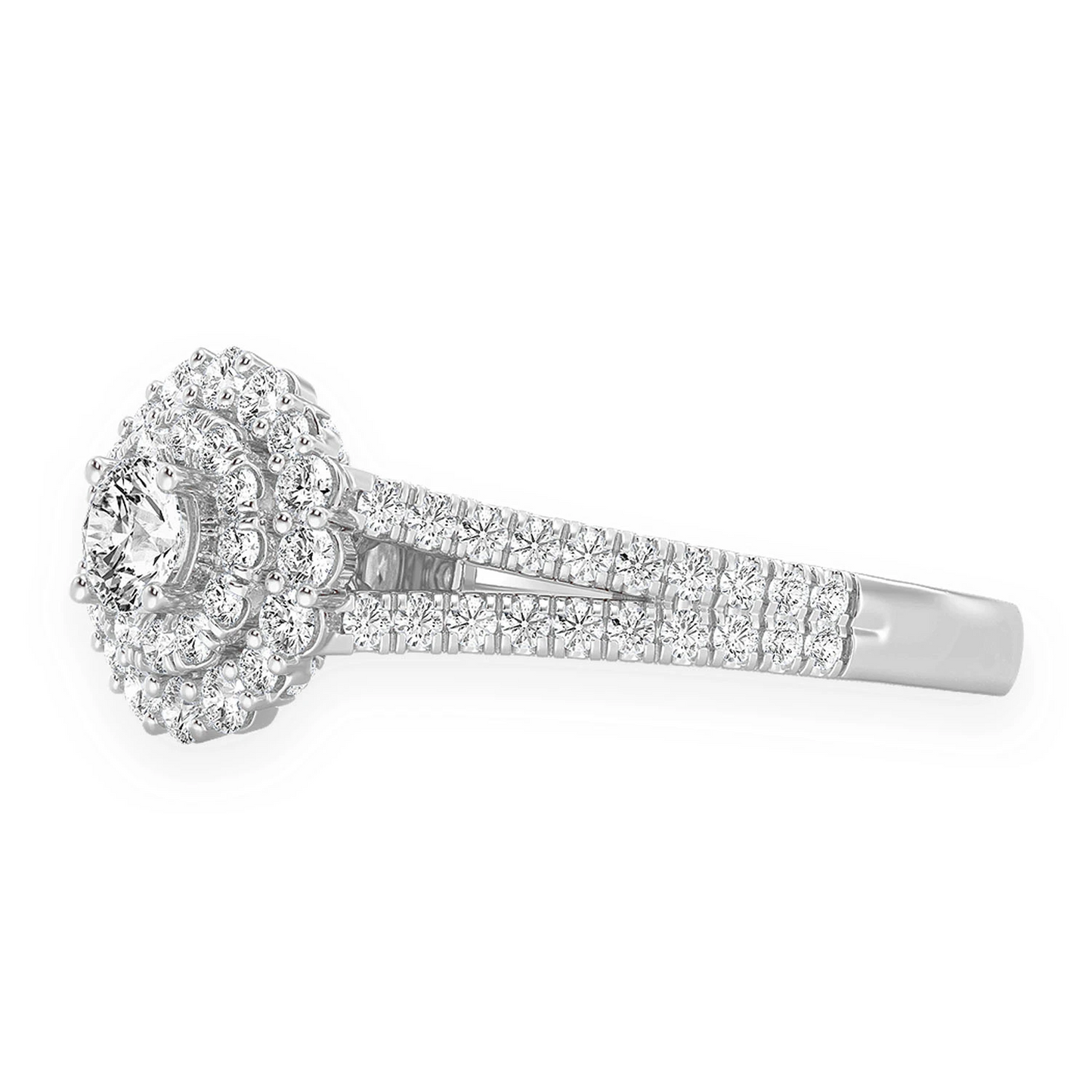 Split Shank Round Double Halo Ring in 14K white gold, side view