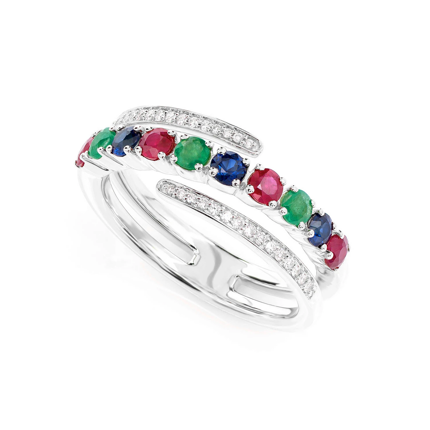 Tri Colored Gem and Diamond Semi Wrap Ring