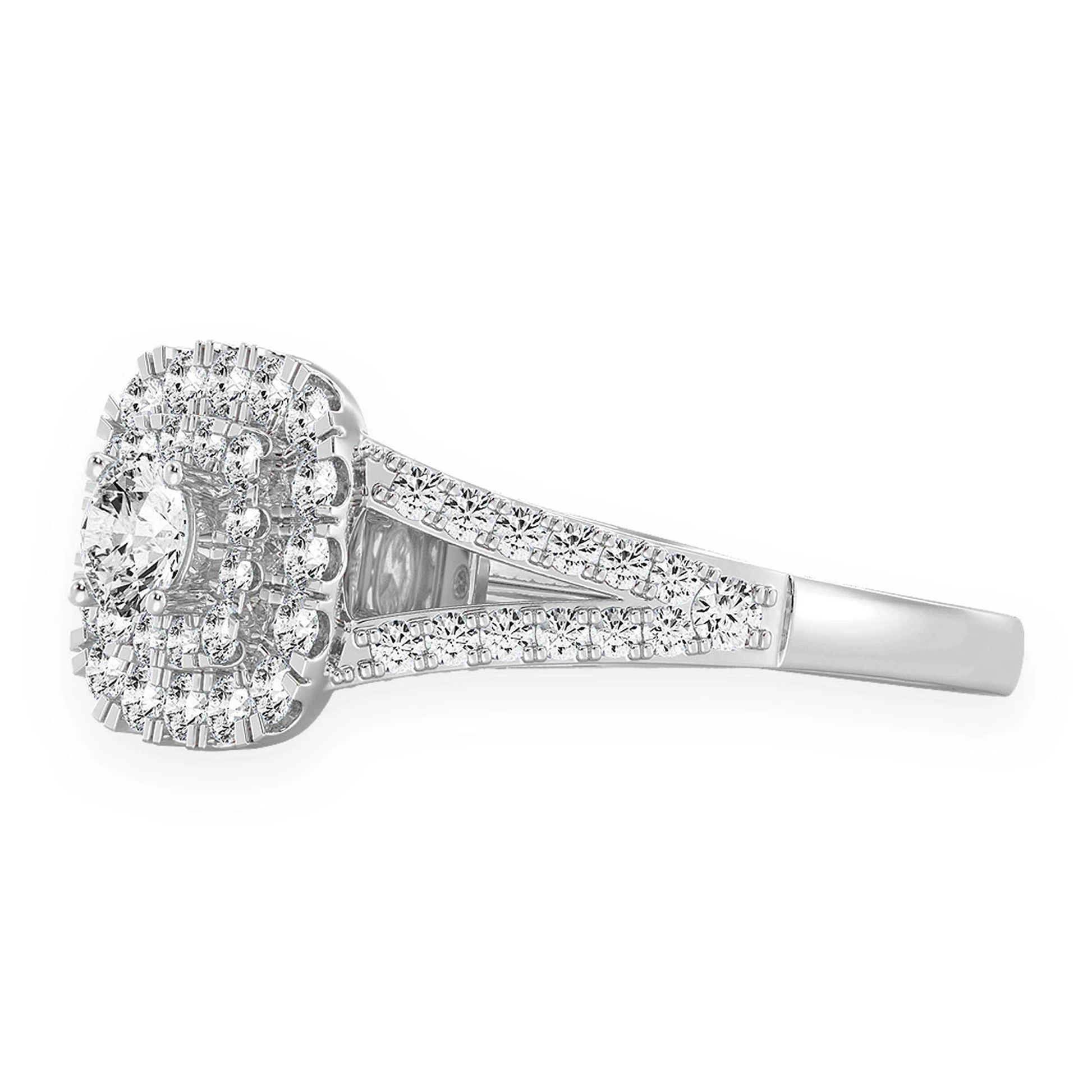 Cushion Double Halo Diamond Ring in 14K white gold, detail view
