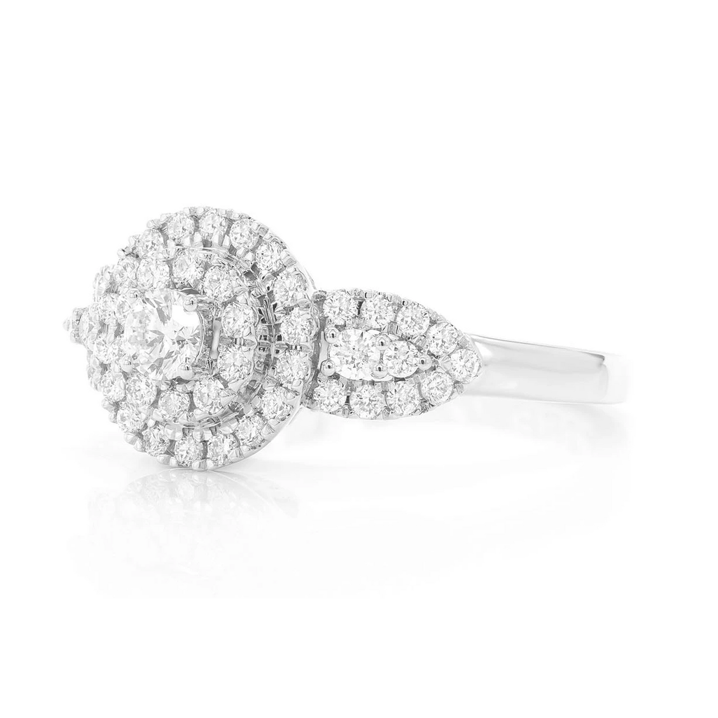 Two Tier Round Cluster Diamond Ring in 14K white gold, detail view