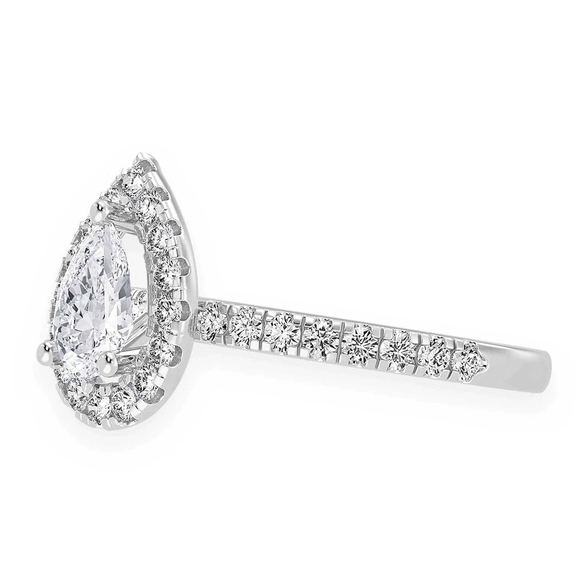 Pear Scallop Halo One Row Diamond Ring in 14K white gold, detail view