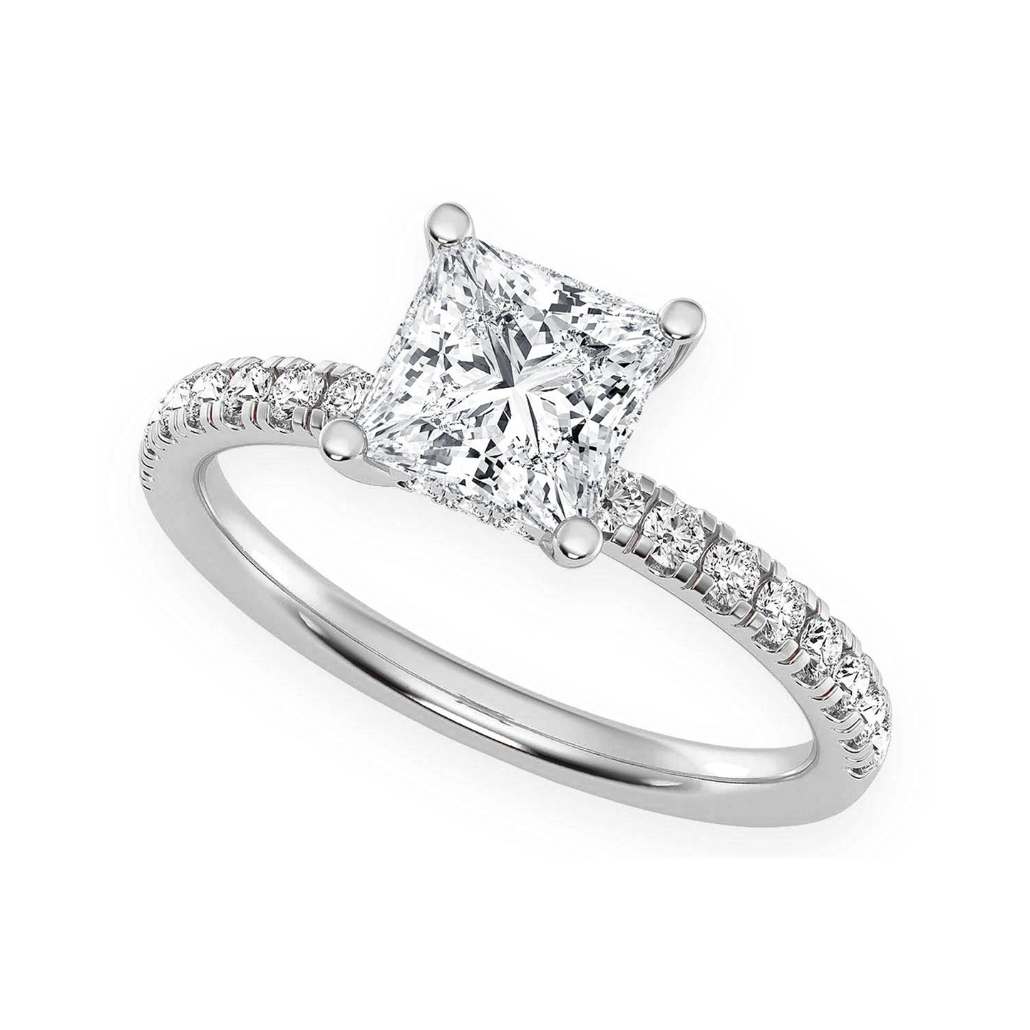 1ct Princess Cut Under Halo Diamond Ring in 14K white gold, angled view